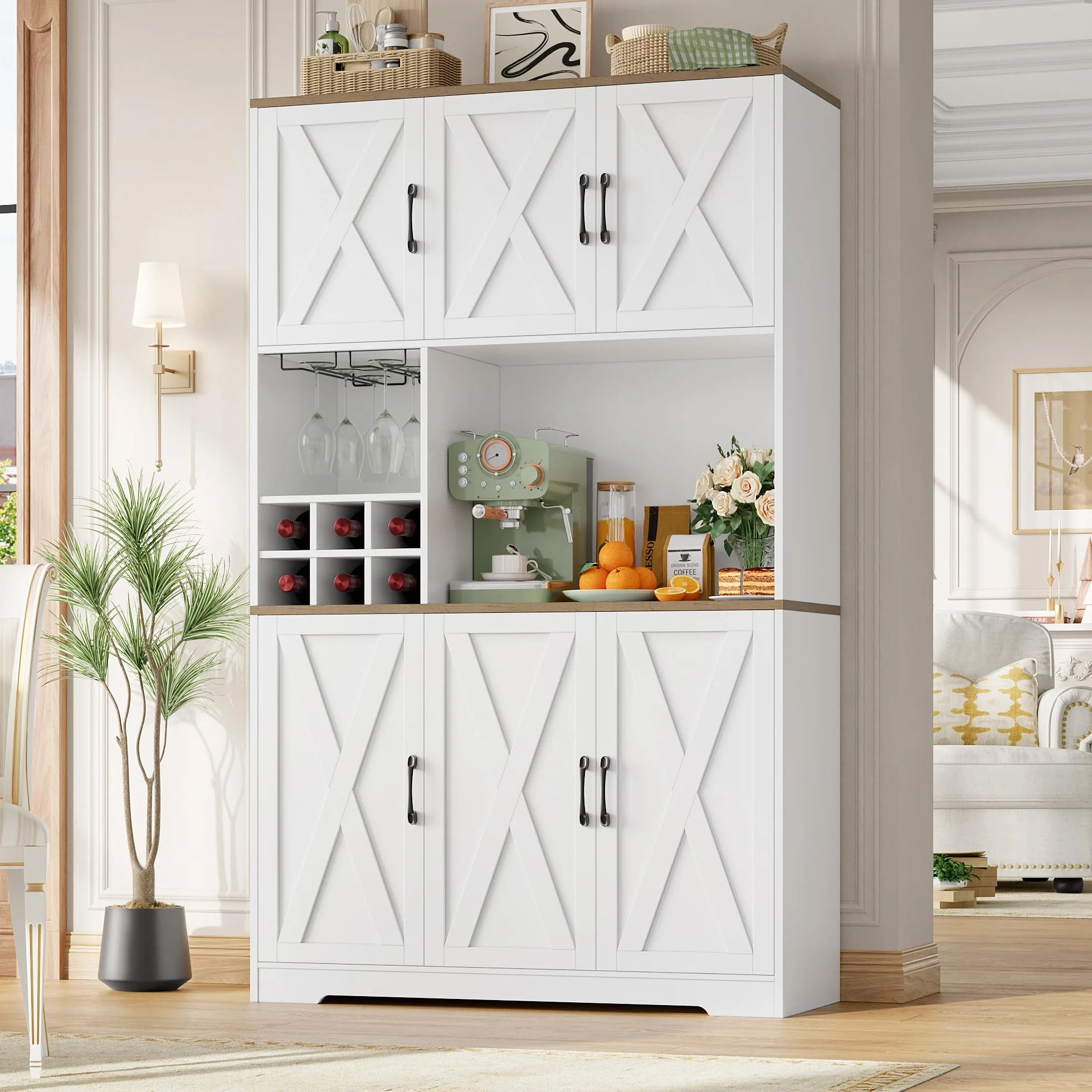 HOCSOK Alacena de Cocina，Armario con 6 Puertas, Soporte para Copas, Botellero Vino, Mueble de Cocina con Soporte para Microondas, para Comedor Y Sala De Estar, Blanco, 106x37x180 cm
