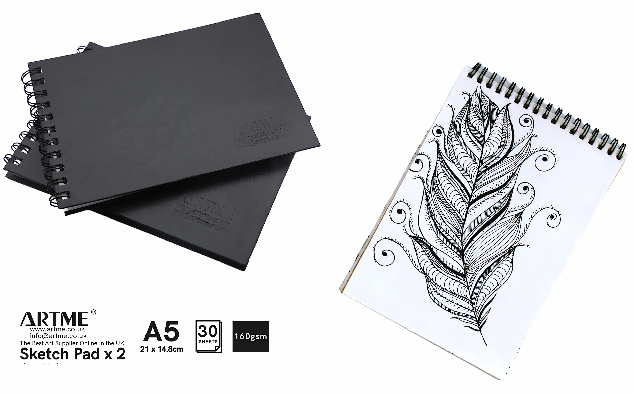Artme Bloc de bocetos A5, 160 g/m², 30 hojas, cuaderno de espiral, 2 piezas