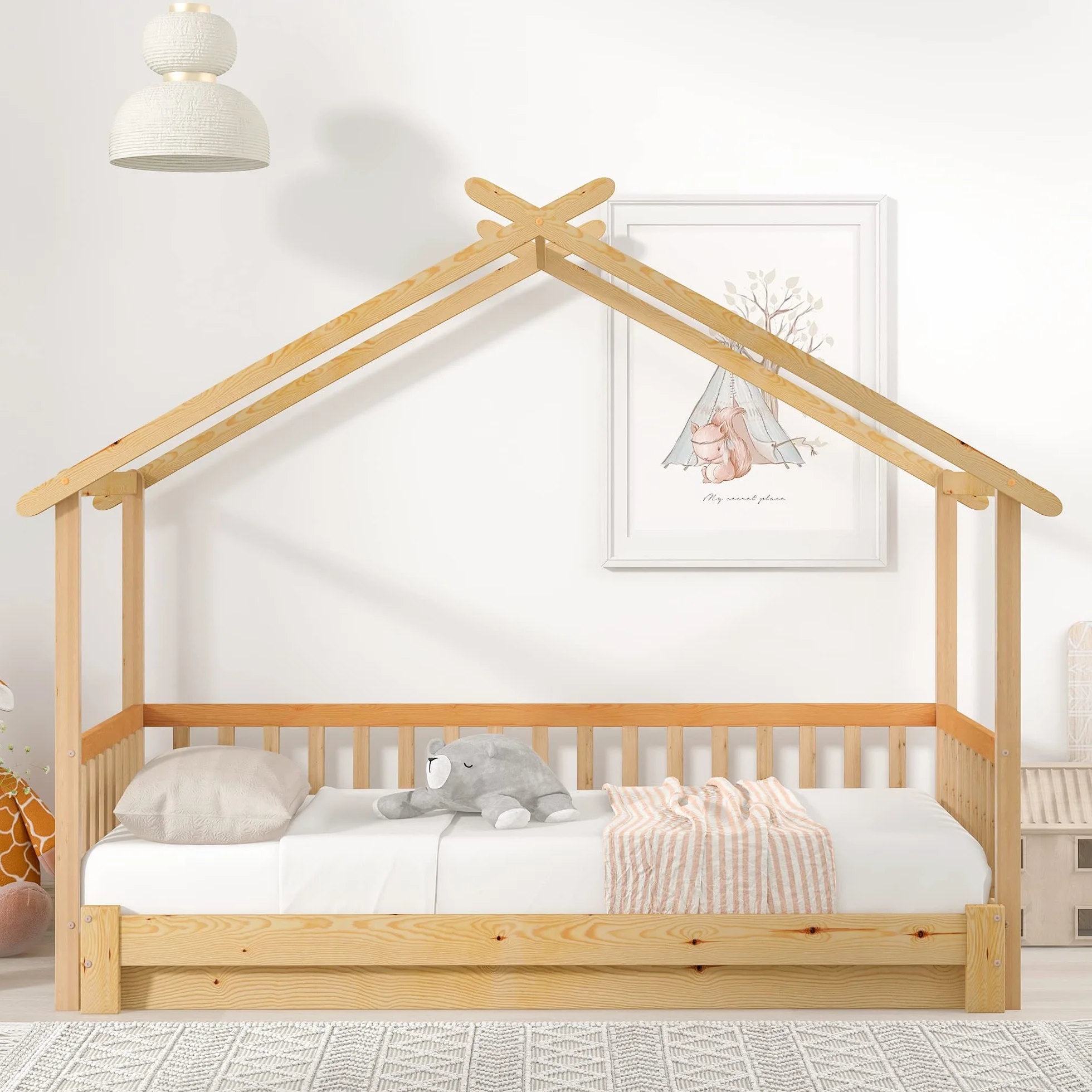 Cama extensible de madera maciza natural, 90 x 200 cm