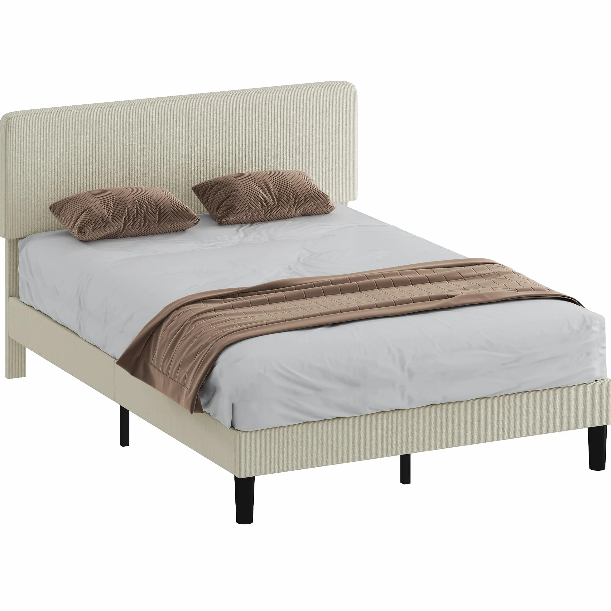 HOMCOM Somier 160x200 cm con Cabecero Ajustable, Estructura de Cama, Tapizado en Pana, Láminas de Madera, Fácil de Montar, Gris Claro