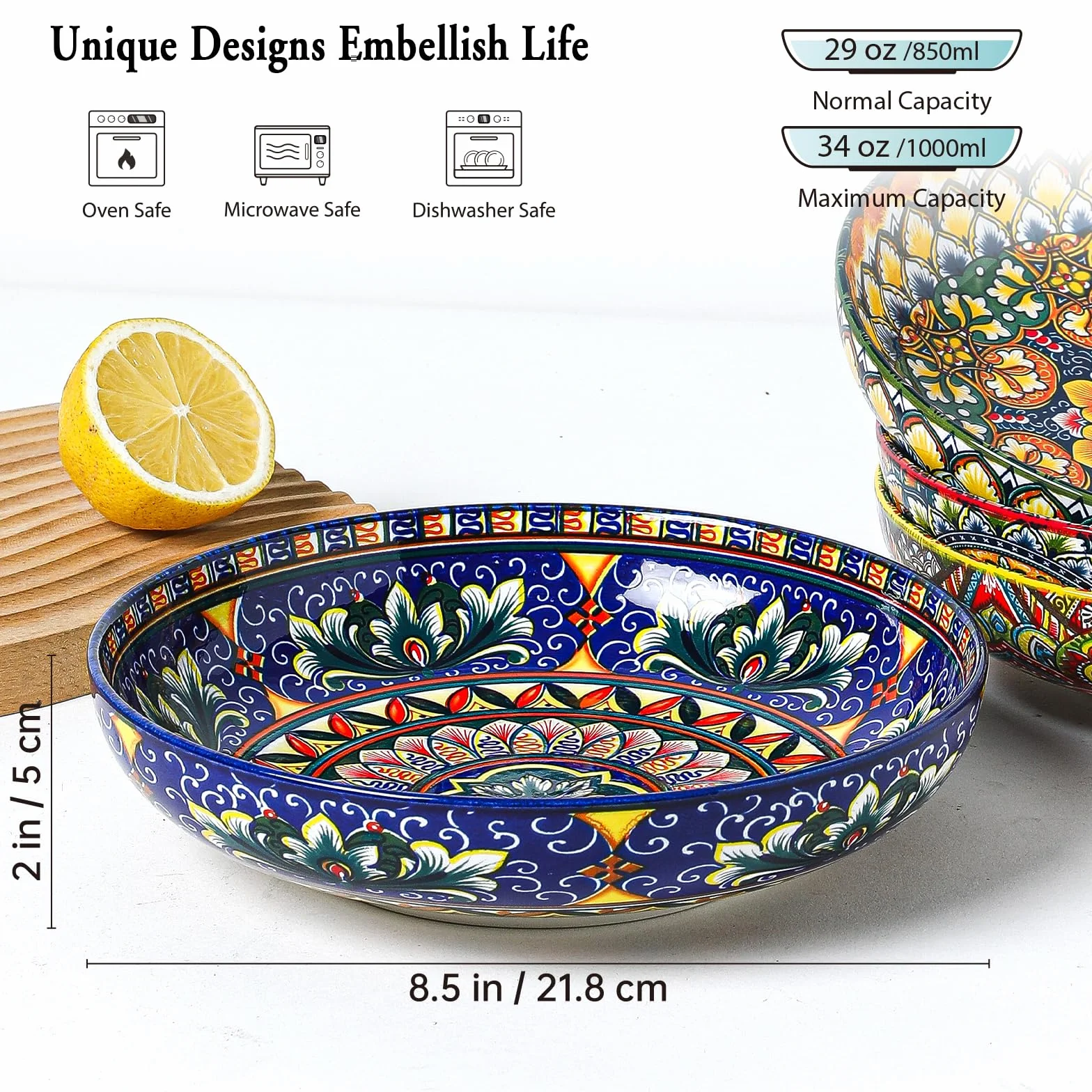 Henten Home Juego de platos hondos de pasta, 4 platos hondos de colores, 1000 ml, cuencos multiusos para sopa, fideos, espaguetis, pasta, ensalada, serie Mylo, estilo boho