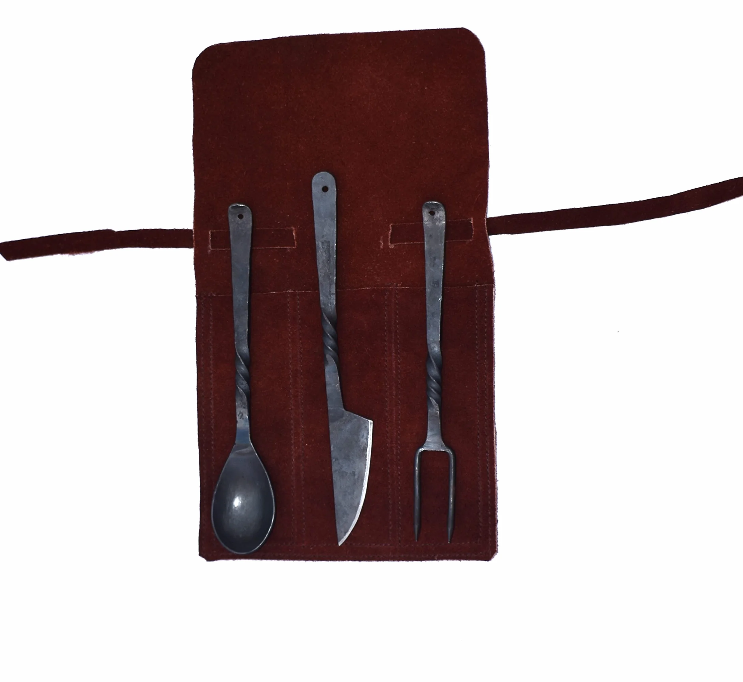 Viking Traders Juego de 3 utensilios medievales forjados a mano para comer, banquete, tenedor, cuchillo y cuchara, con bolsa de piel auténtica para un fácil transporte.