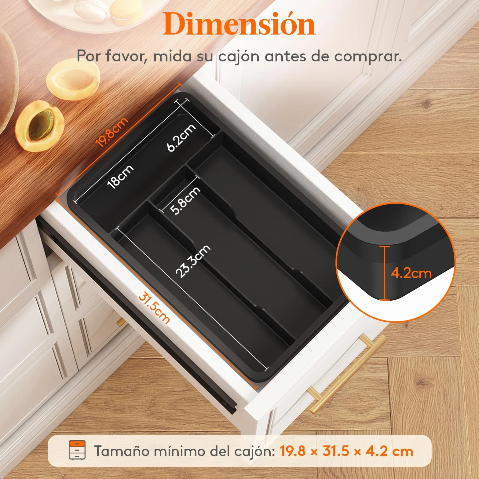 Lifewit Bandeja para Cubiertos 4 Compartimentos 19,8x31,5 cm Organizador Cajón Cocina Plástico Negro