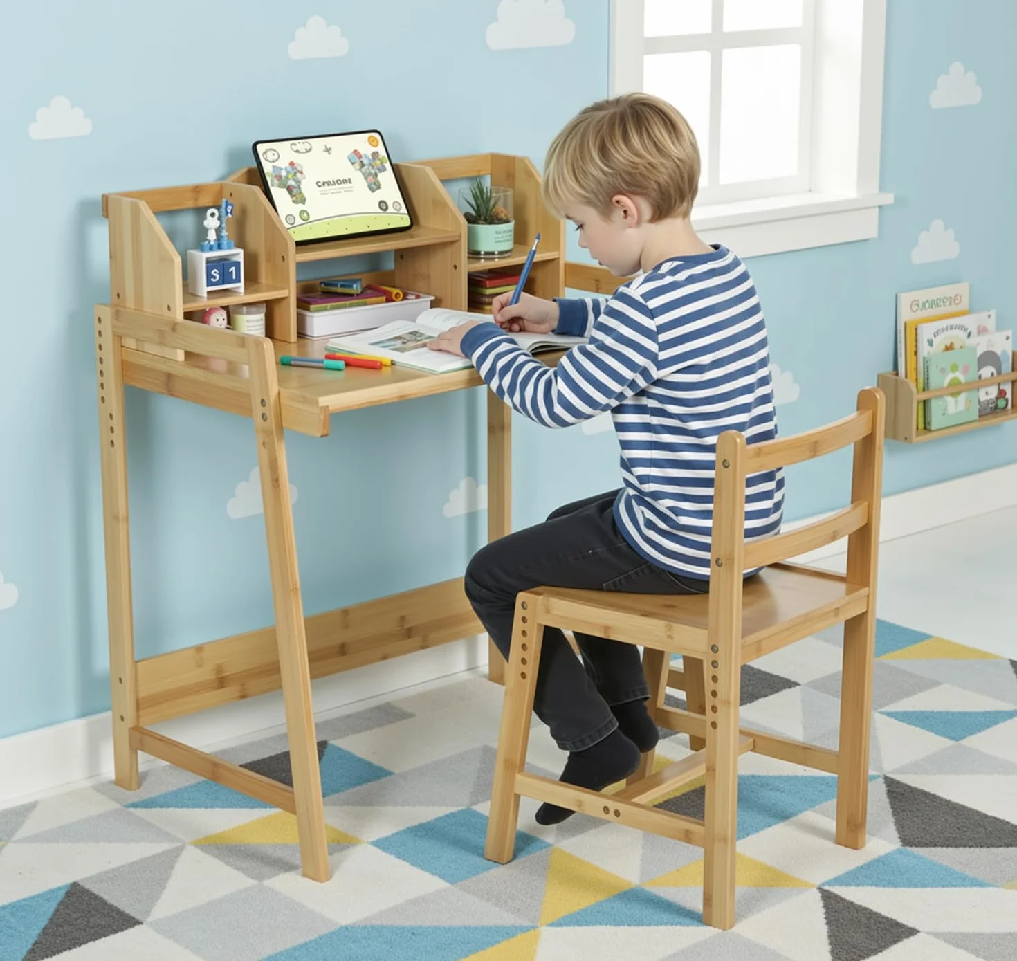 Escritorio Infantil Bambú con Silla Ajustable, Mesa Madera Estudiante, Soporte Libros Almacenamiento Natural