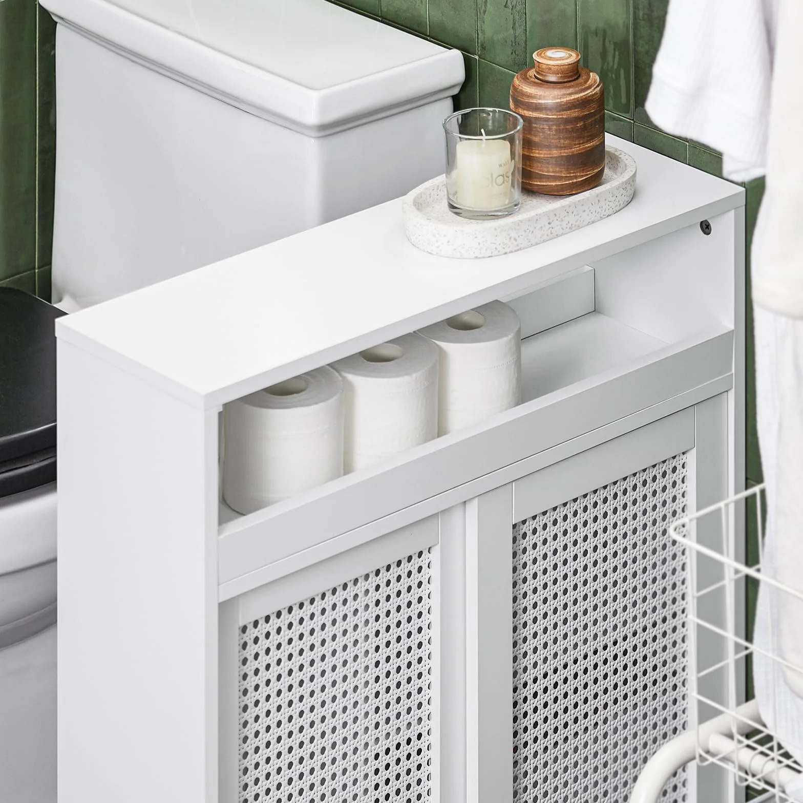 SoBuy Mueble de Baño Estrecho con Ruedas y Estantes Ajustables 20x70x65 cm | Armario Móvil Multifunciona, Almacenaje para Papel Higiénico – Mueble Auxiliar de Baño de Madera, Blanco, BZR119-W