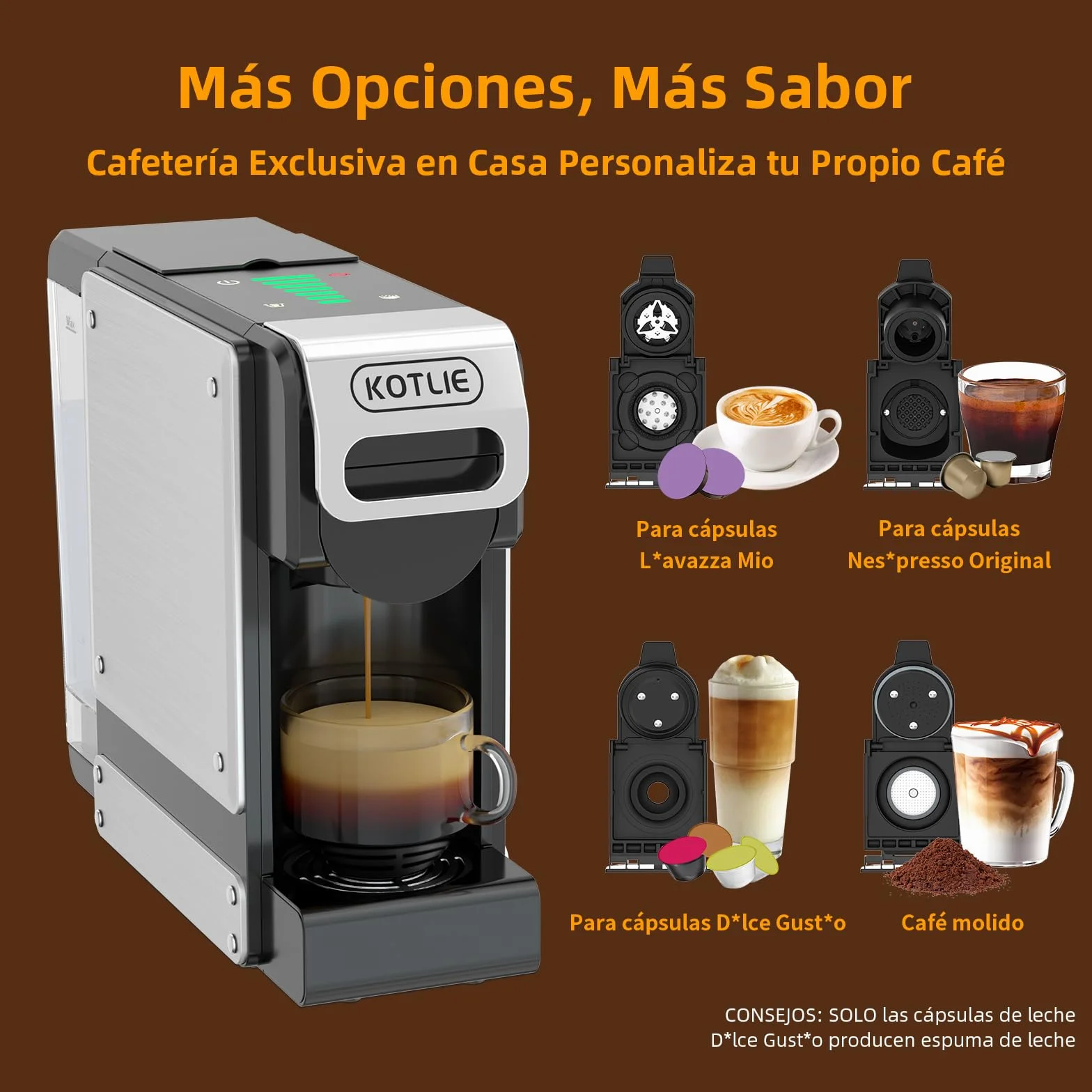 4 en 1 Máquina de Café en Cápsulas 19BAR para Lavazza MIO/Nespresso Original/Dolce Gusto cápsulas y Café Molido, Máquinas Automáticas de Café Espresso en Cápsulas Pequeñas, 1L, 1450 W (BLACK-ES) | 4 en 1 para cápsulas y polvos NES originales, DG*/Mio, 7 c