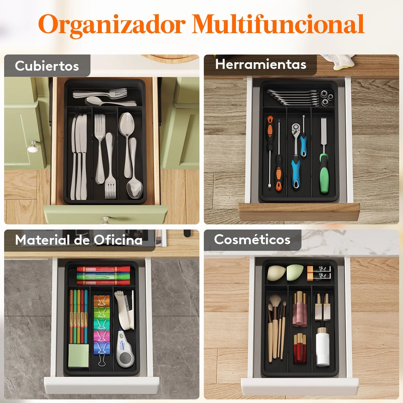 Lifewit Bandeja para Cubiertos 4 Compartimentos 19,8x31,5 cm Organizador Cajón Cocina Plástico Negro