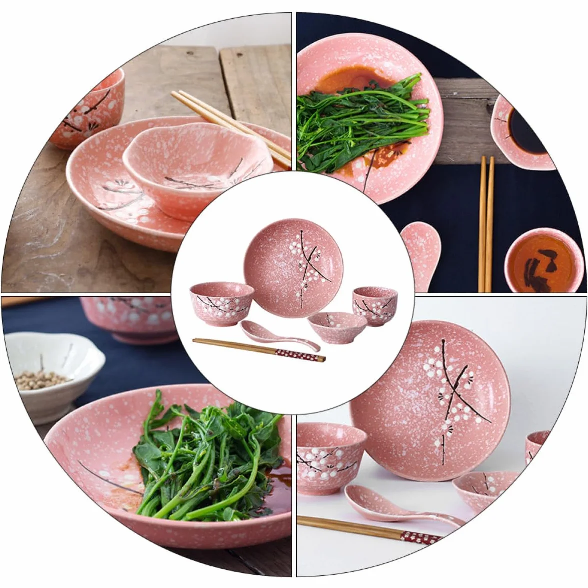 Juego de Vajilla y 12 Piezas Rosa de Cerámica Estilo Japonés Diseño Delicado para Servir y Disfrutar para Cena en Casa