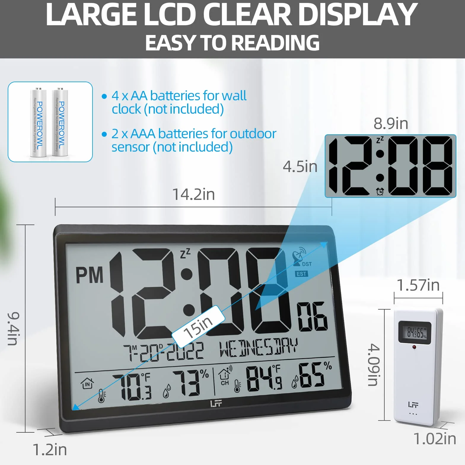 Reloj atómico nunca necesita configuración, funciona con pilas, reloj de pared digital con temperatura y humedad interiorexterior, sensor inalámbrico para exteriores, reloj de pared atómico con