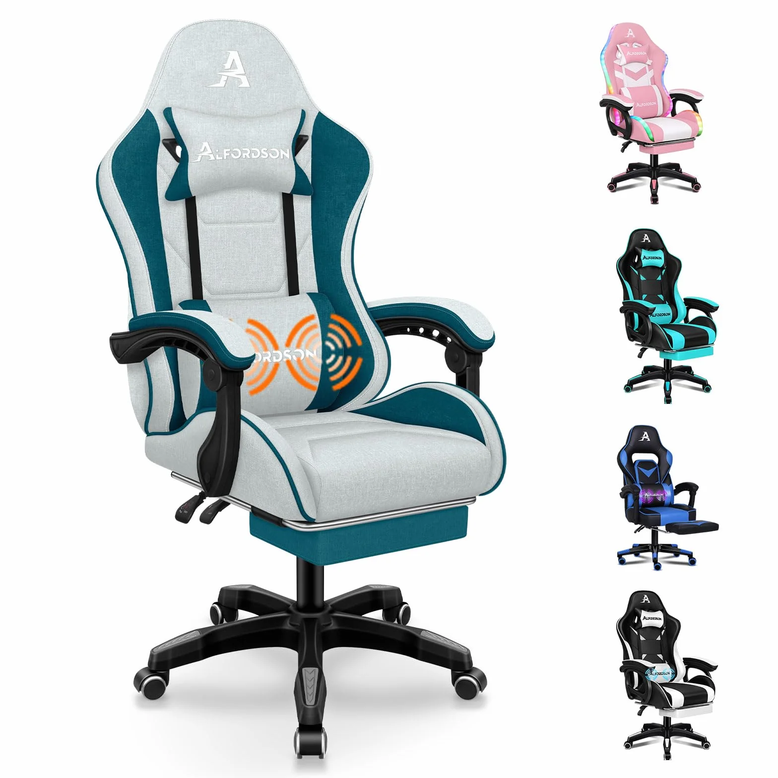 ALFORDSON Silla Gaming Ergonómica con Masaje, Silla Gamer de Oficina con Lumbar Massaggiante, Reposapiés Retráctil,Altura Ajustable,Reclinable 150°,Asiento Cómodo,Soporta 180 kg, Lino(Verde Petrolio)