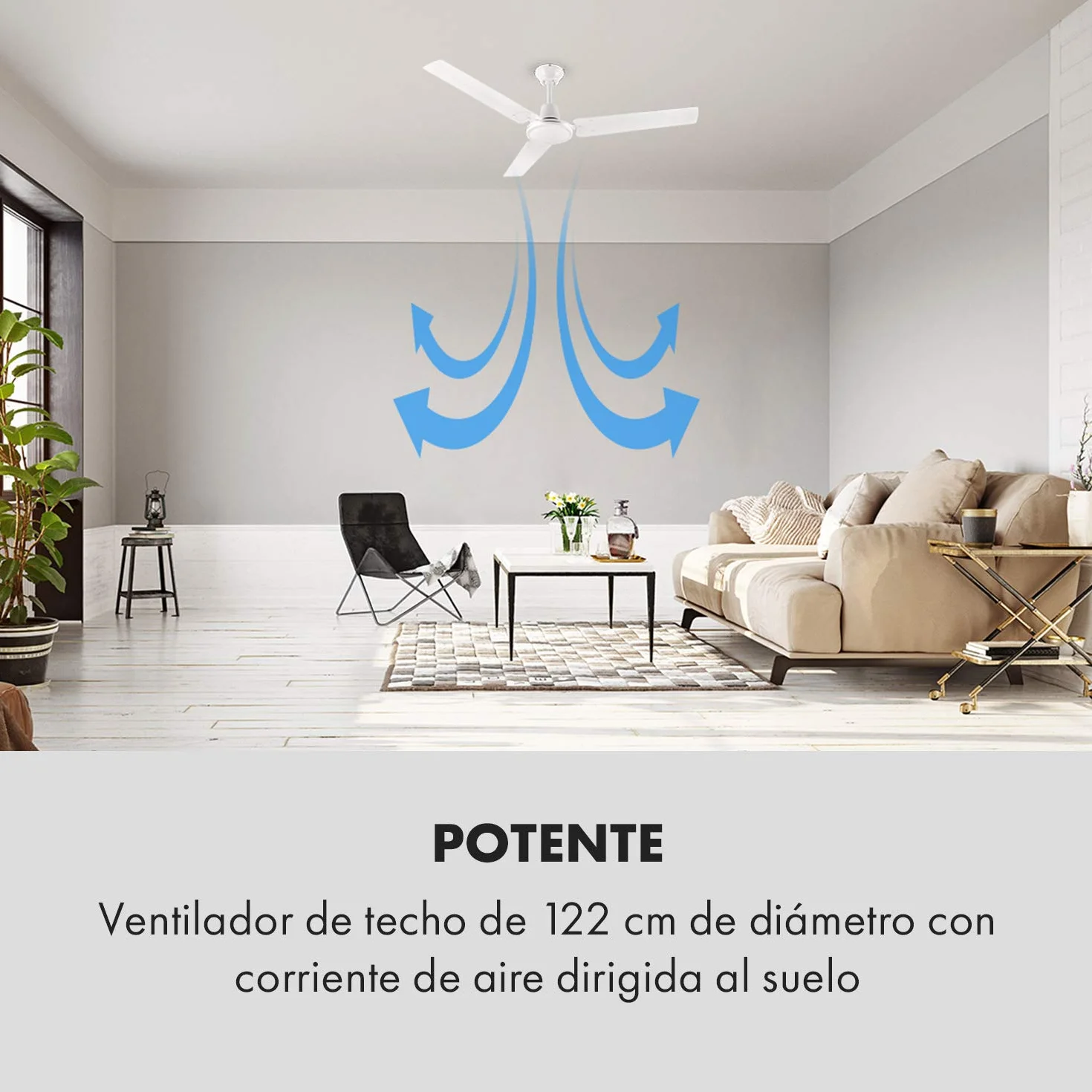 Klarstein Spin Doctor - Ventilador de techo, 3 aspas, Diámetro: 48" / 122 cm, Caudal de aire: 9963 m³/h, 56 W, 3 velocidades, Control de pared independiente, Cuerpo: acero inox., blanco
