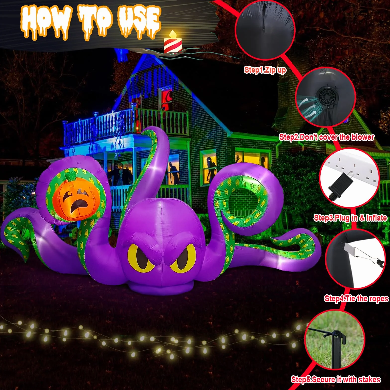 Pulpo Inflable Gigante Violeta de 360 cm, Calabaza pegajosa, con 7 Luces LED integradas, Pulpo Inflable para Fiestas de Halloween al Aire Libre, Patio, jardín, decoración de césped