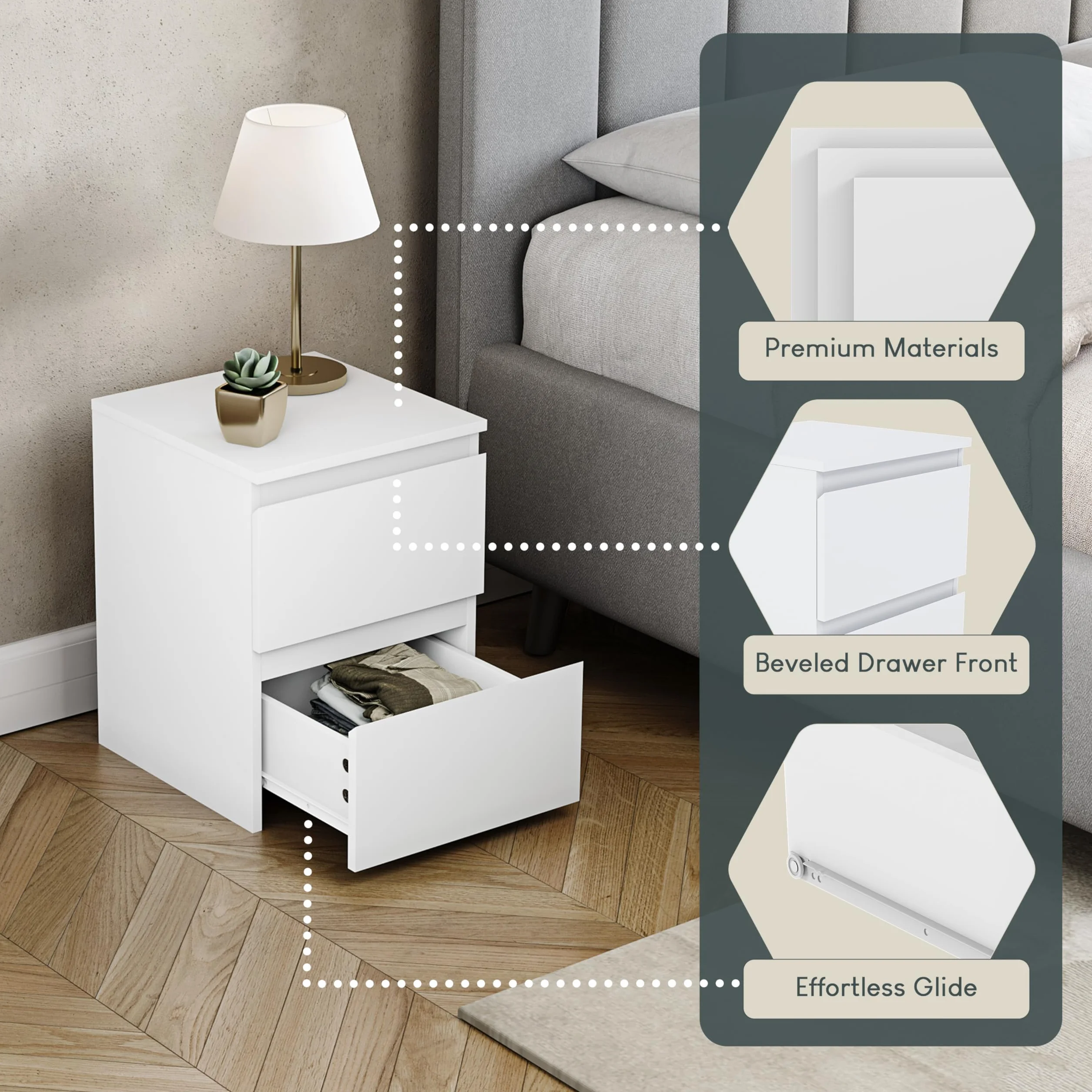 Vida Designs Mesita de noche Denver con 2 cajones (blanca), 40 cm de alto x 29,5 cm de ancho x 29,5 cm de profundidad