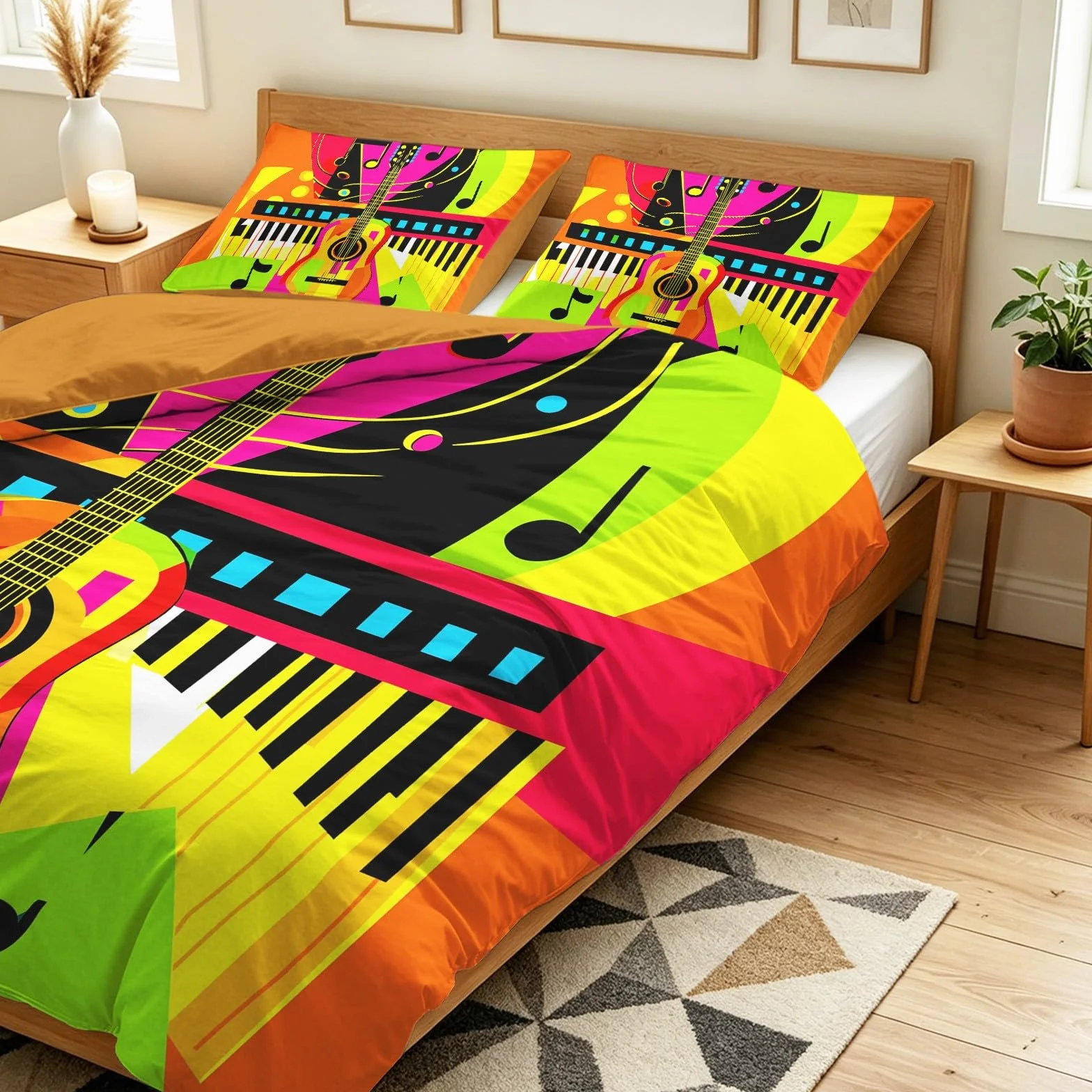 Rock Music Ropa de cama de 200 x 200 cm, 3 piezas, juego de funda nórdica – Pop Art guitarra piano partituras suave microfibra reversible ropa de cama con 2 fundas de almohada, naranja