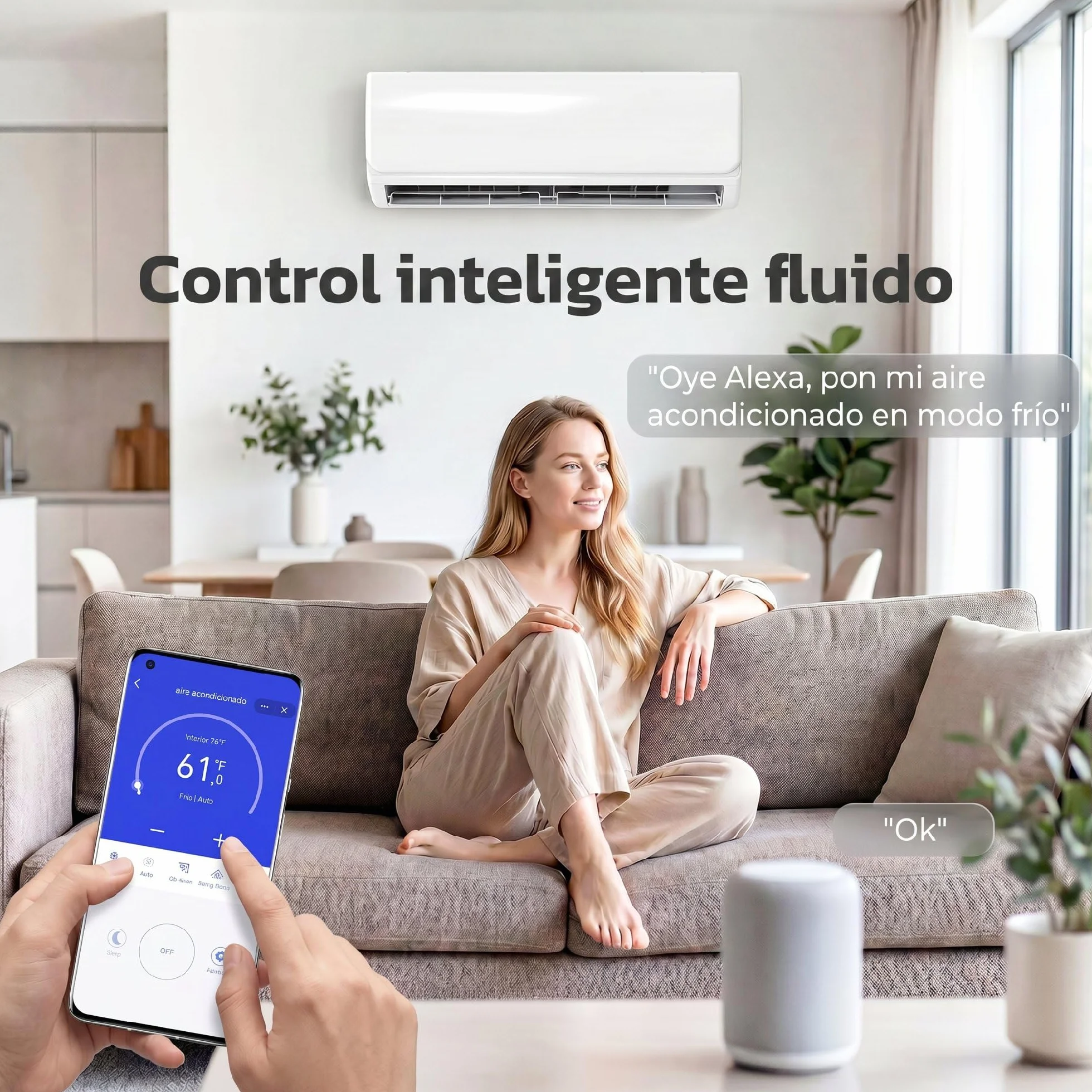 HOMCOM Aire Acondicionado Split 12000 BTU, Bomba de Calor, Aire Acondicionado Inverter, Clase A++, WiFi y Control por Voz, hasta 18 m², Pantalla LED, Mando a Distancia