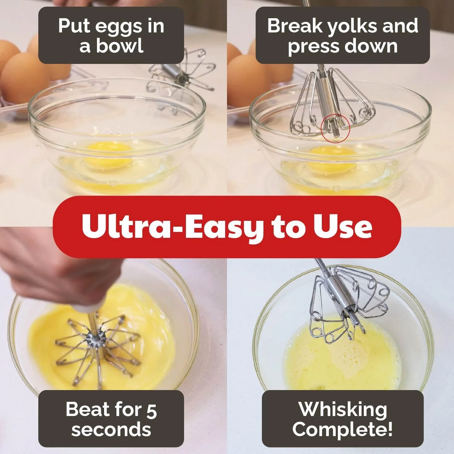 Batidor de huevos giratorio de acero inoxidable, 2 unidades, 12 y 14 pulgadas | Semiautomático | Leche espumosa | Mezcla | Mezcla