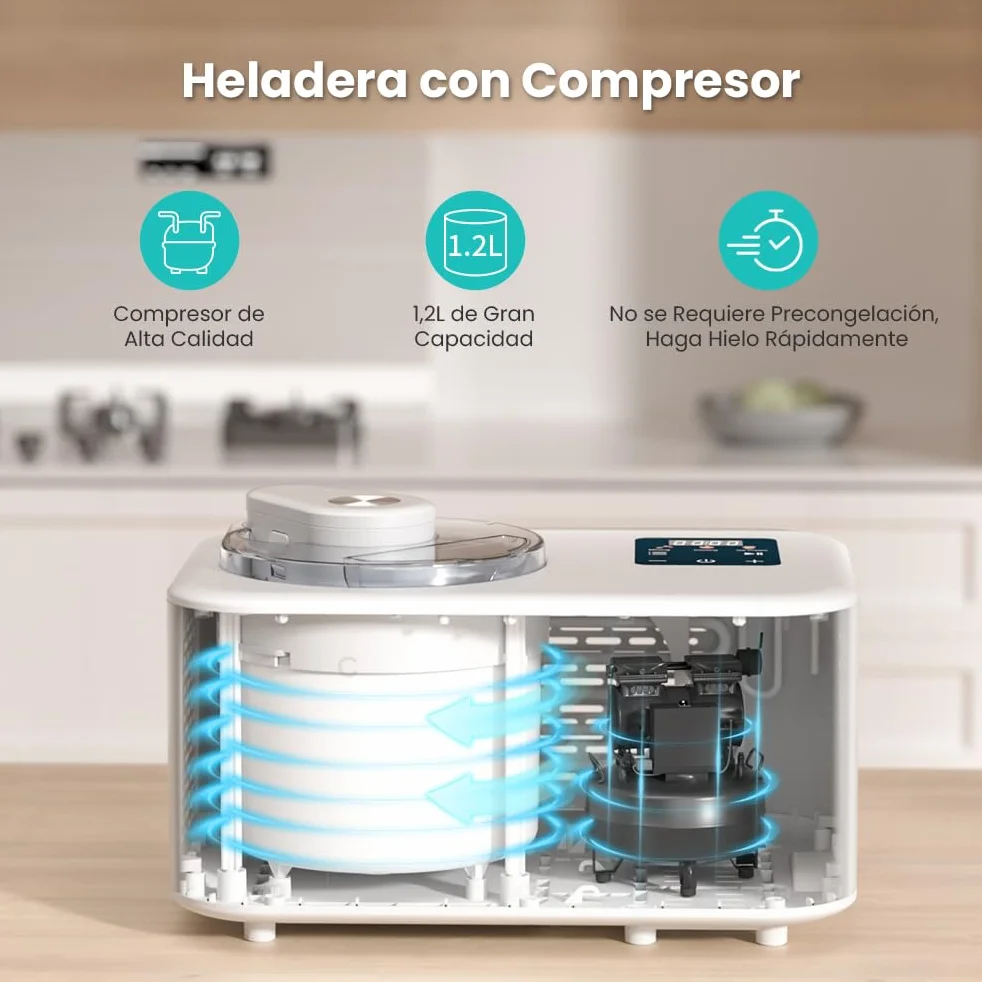 Máquina Para Hacer Helados con Compresor 1,2L, Heladera Eléctrica, Heladera Profesional, 110W, Pantalla Táctil, Cubo de Aluminio Extraíble, Receta & Cuchara, No Requiere Precongelación