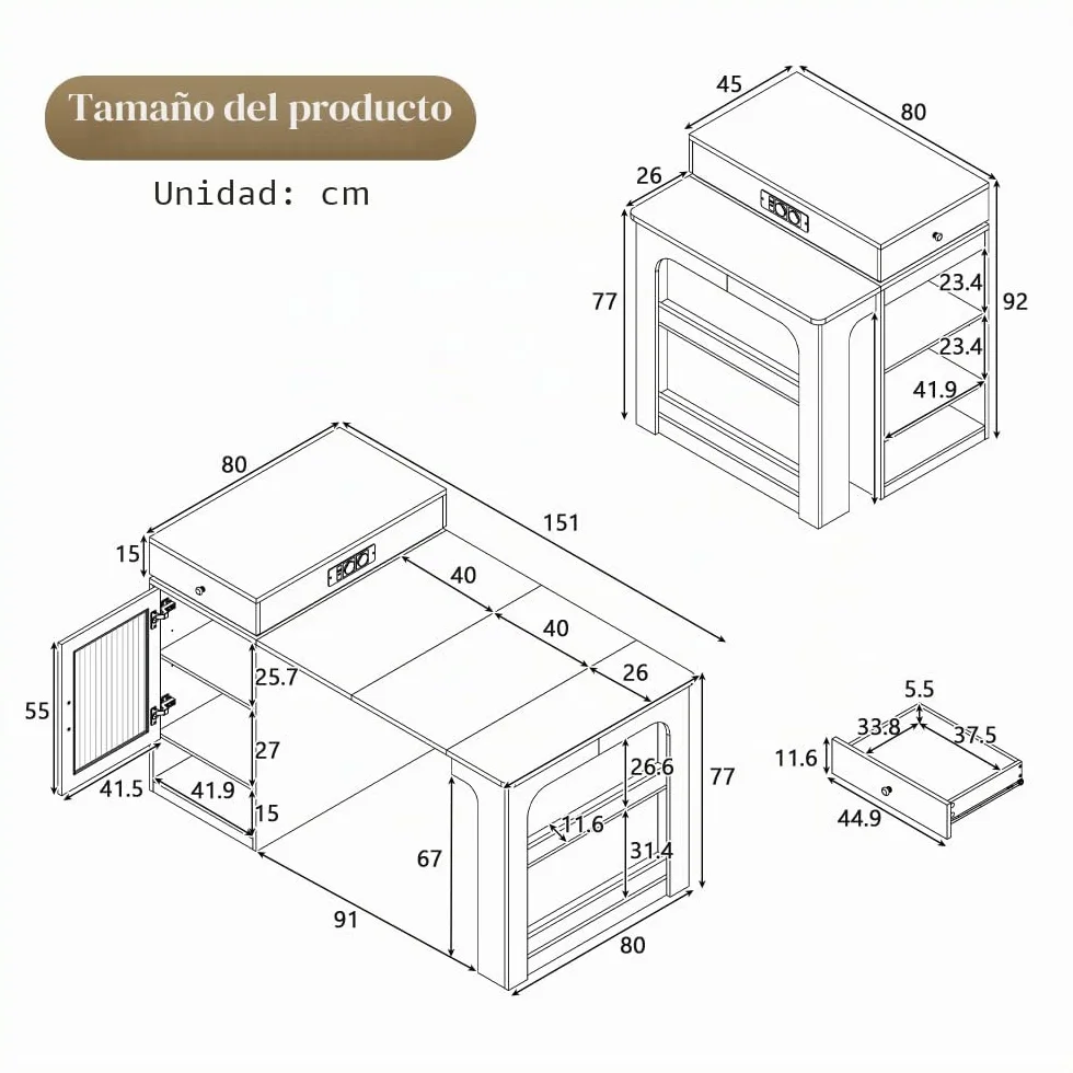 Mueble isla de cocina 71(151) x80x92 cm, mesa de comedor extensible con tablero extraíble, mesa de bar con enchufe múltiple, isla cocina sobre ruedas para comedor (A-blanco + natural)