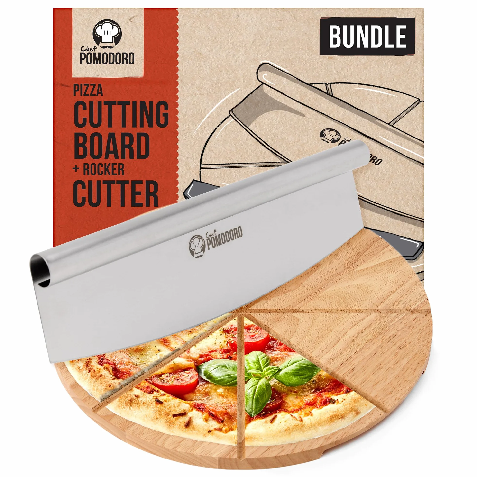Chef Pomodoro Cortador de Pizza 14" Cuchilla Oscilante Acero Inoxidable Tabla Madera