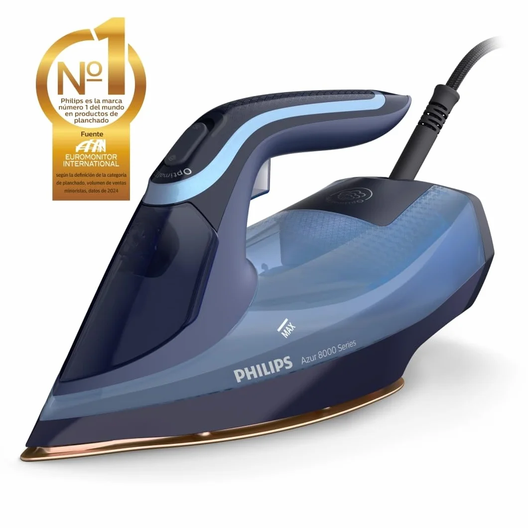 Philips Azur 8000 Plancha de Vapor, 3000W, depósito 300 ml, Azul Claro | Golpe de vapor 240g, 55g/min continuo, OptimalTEMP sin quemaduras, suela SteamGlide Elite, vapor vertical (DST8020/20)