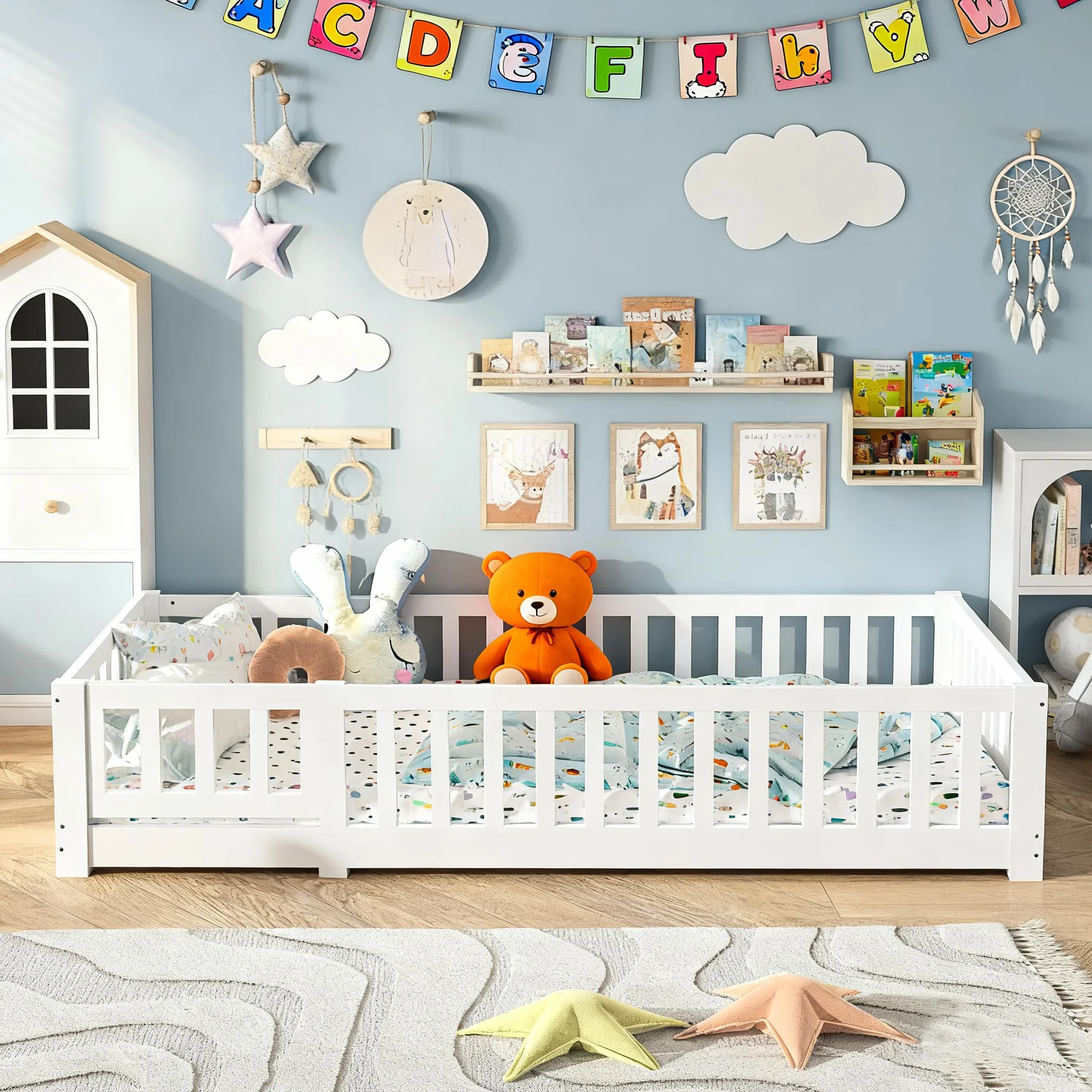 Cama Infantil 90 x 200 cm, Cama de pie con barandillas de Seguridad, somier de láminas Blancas, Apta para niños y niñas