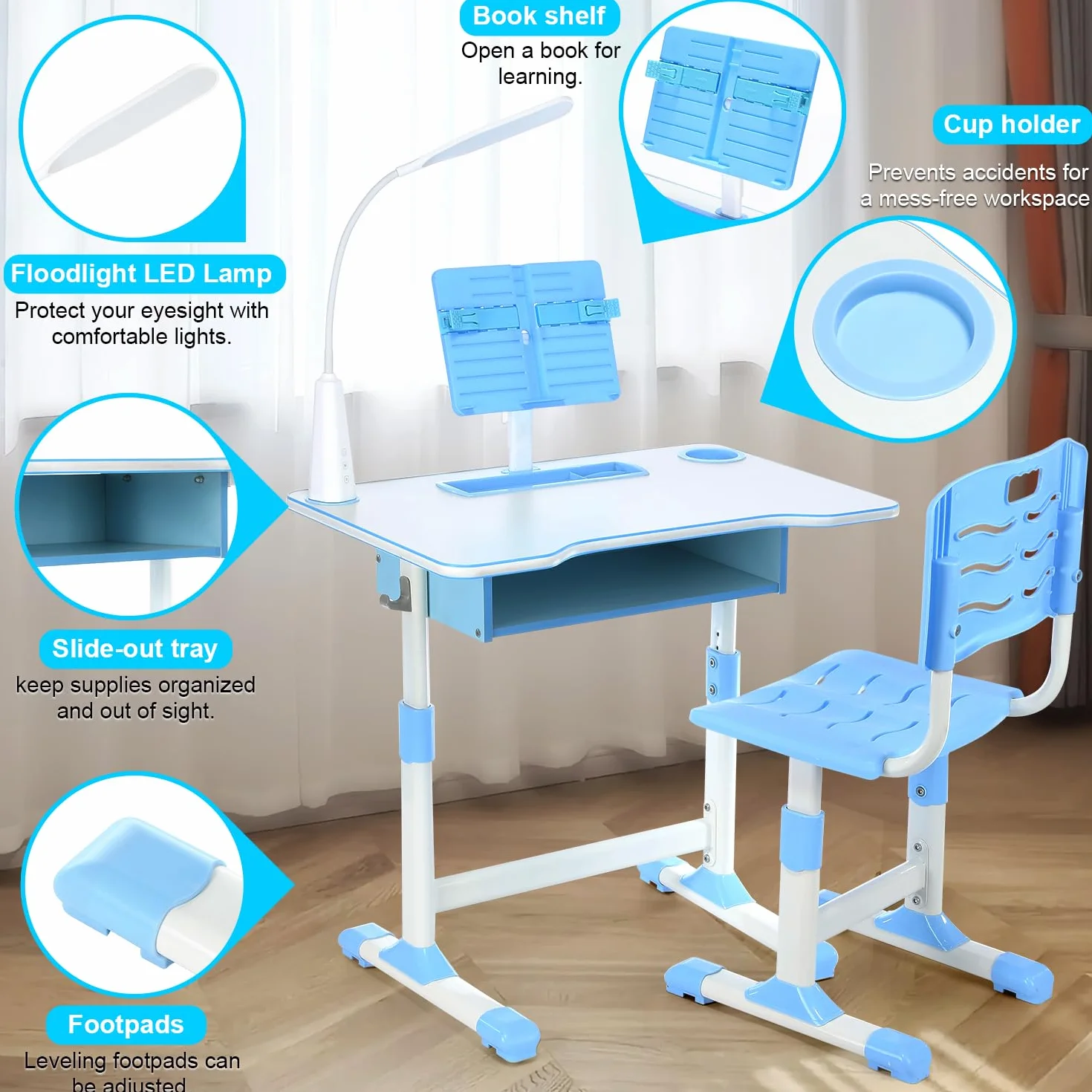 Mesa y Silla Infantil Regulables en Altura, Escritorio con Cajón, Lámpara LED, Silla Ergonómica, para Estudio desde 6 años