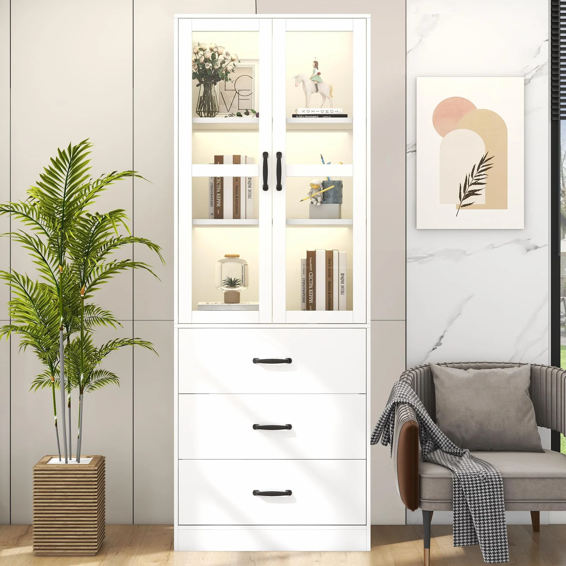 sogesfurniture Vitrina de cristal, color blanco, con 2 puertas de cristal, 3 cajones, moderno, para salón, oficina, 60 x 40 x 200 cm