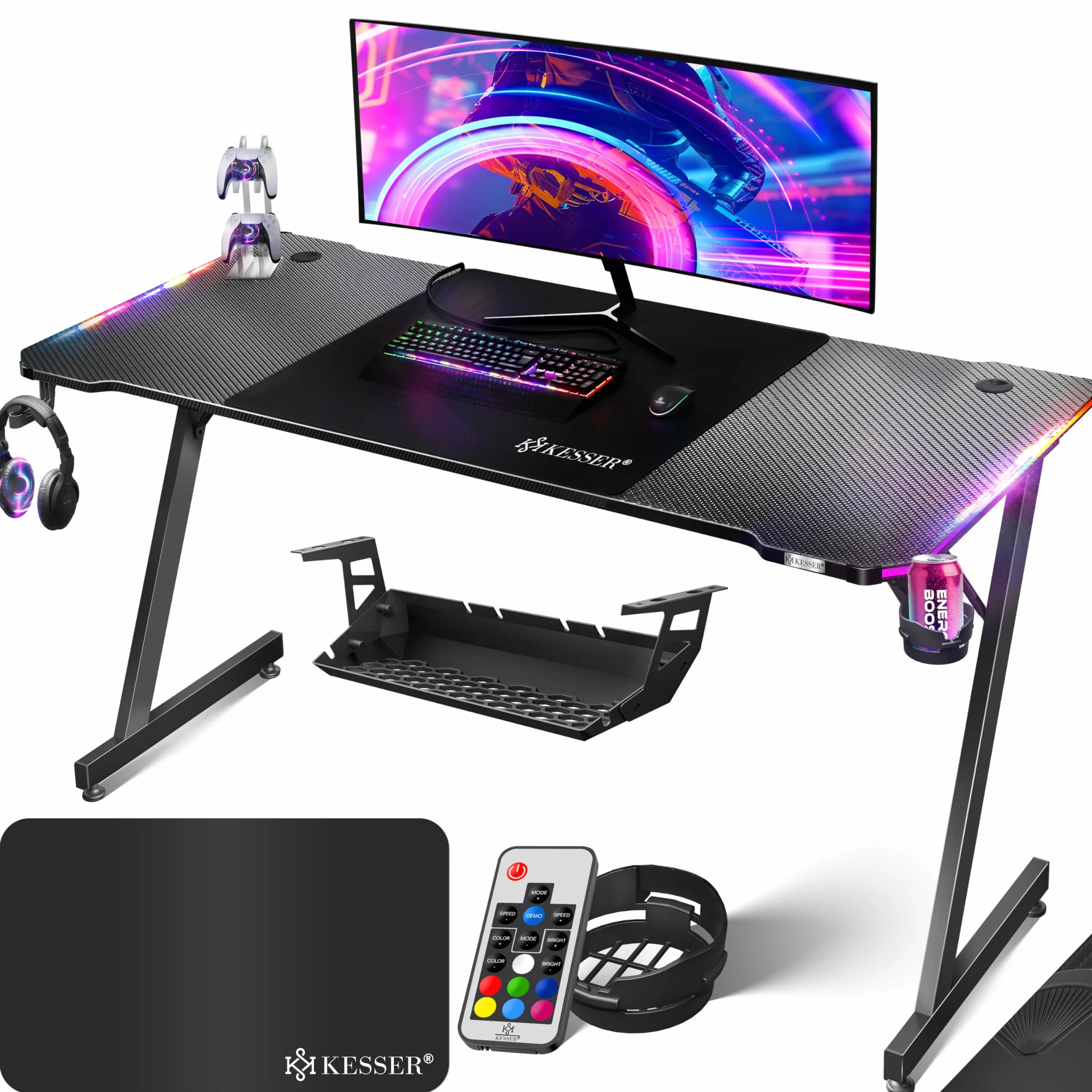 KESSER® Mesa Gaming | 180 x 80 cm | Escritorio para Gamer en Forma de Z | Soporte para Auriculares | Mesa ergonómica para Ordenador | Incl. Alfombrilla de ratón y Soporte