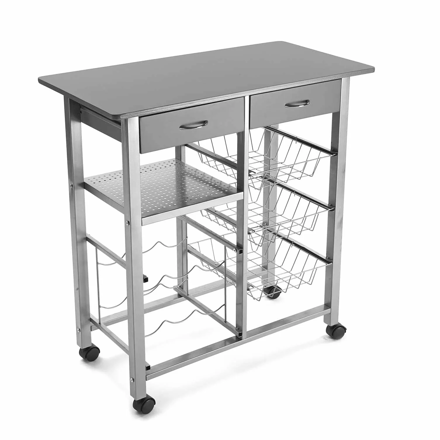 Versa Leicester Carro de Cocina con Ruedas, cajones y botellero, Verdulero con despensa y organizadores, Almacenaje de Cocina, Medidas (Al x L x An) 82 x 40 x 76 cm, Madera y Metal, Color Gris