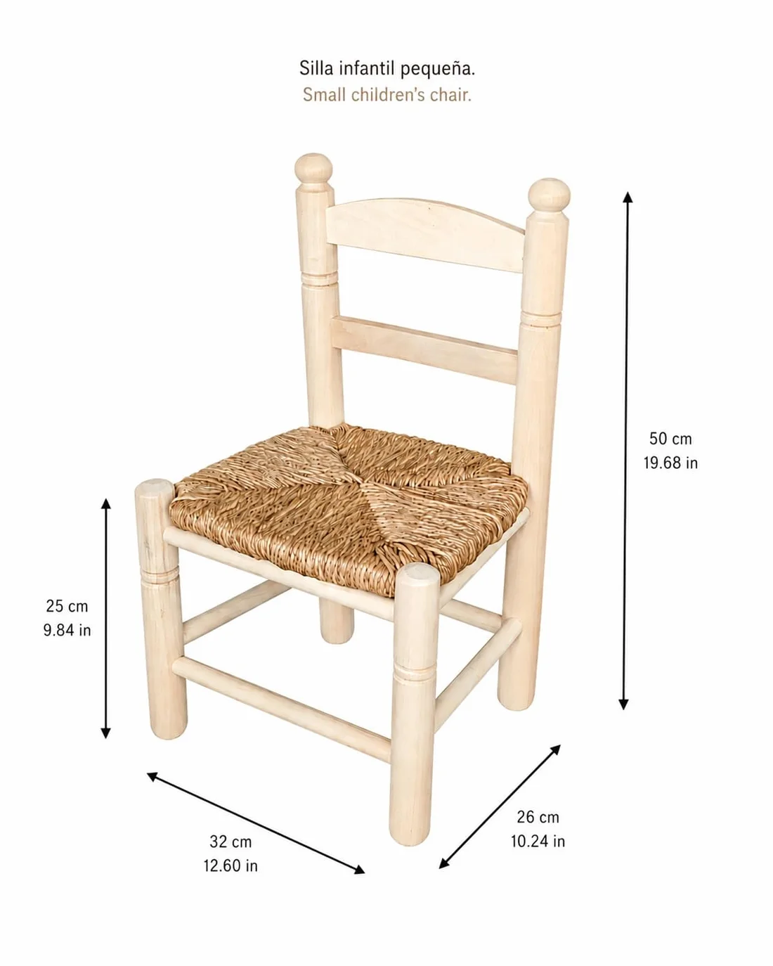 GRECA Silla Infantil Asiento Enea Madera Chopo Crudo para Pintar 32x26x50