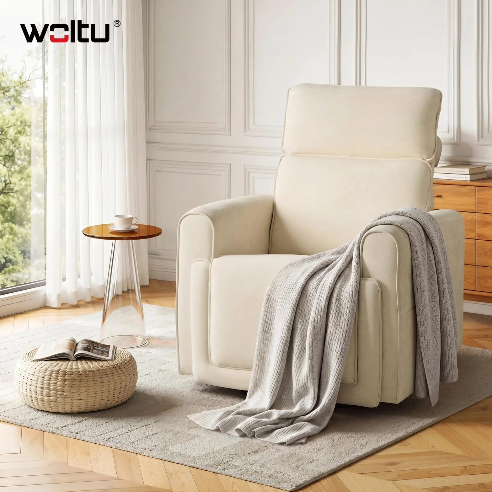 WOLTU Sillón Relax Reclinable, Sillón de Masaje con Calefacción de Masaje, Reposapiés, Bolsillos, Portavasos, Puerto USB, Tapizado en Tela Chenilla, Capacidad de Carga 150 kg, Beige