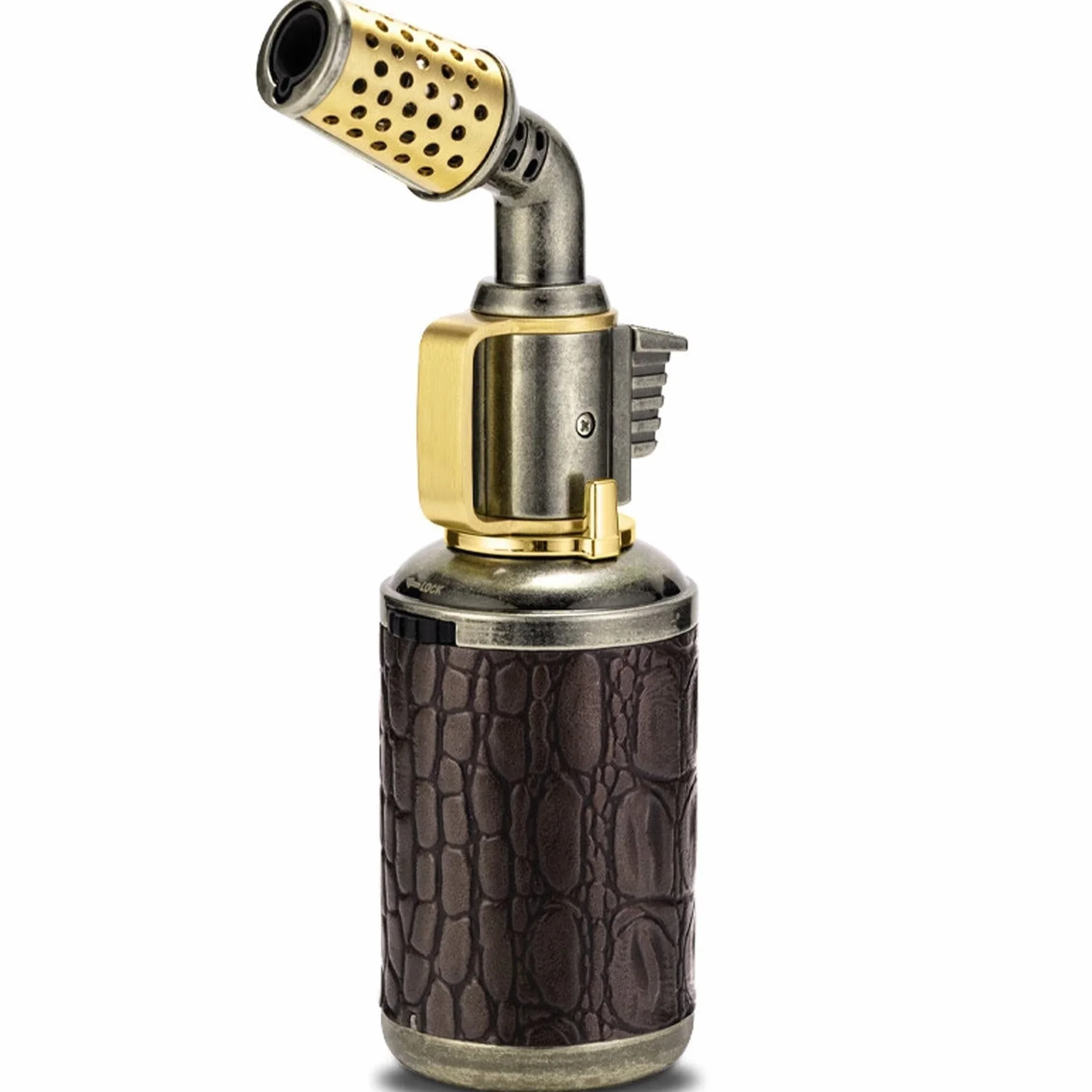 Encendedor de antorcha de butano recargable, llama de chorro resistente al viento, diseño de metal portátil con bloqueo de seguridad y bloqueo de llama para aventuras de camping y senderismo