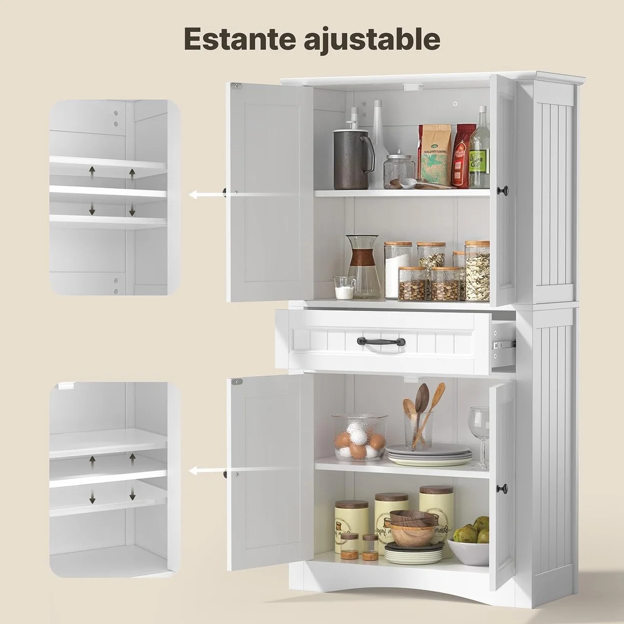 Xbro Mueble de Baño Alto con 2 Puertas y 1 Cajón, Armario Auxiliar con Baldas Ajustables, para Baño, Cocina, Salón o Despacho, 73 x 31 x 132 cm, Blanco