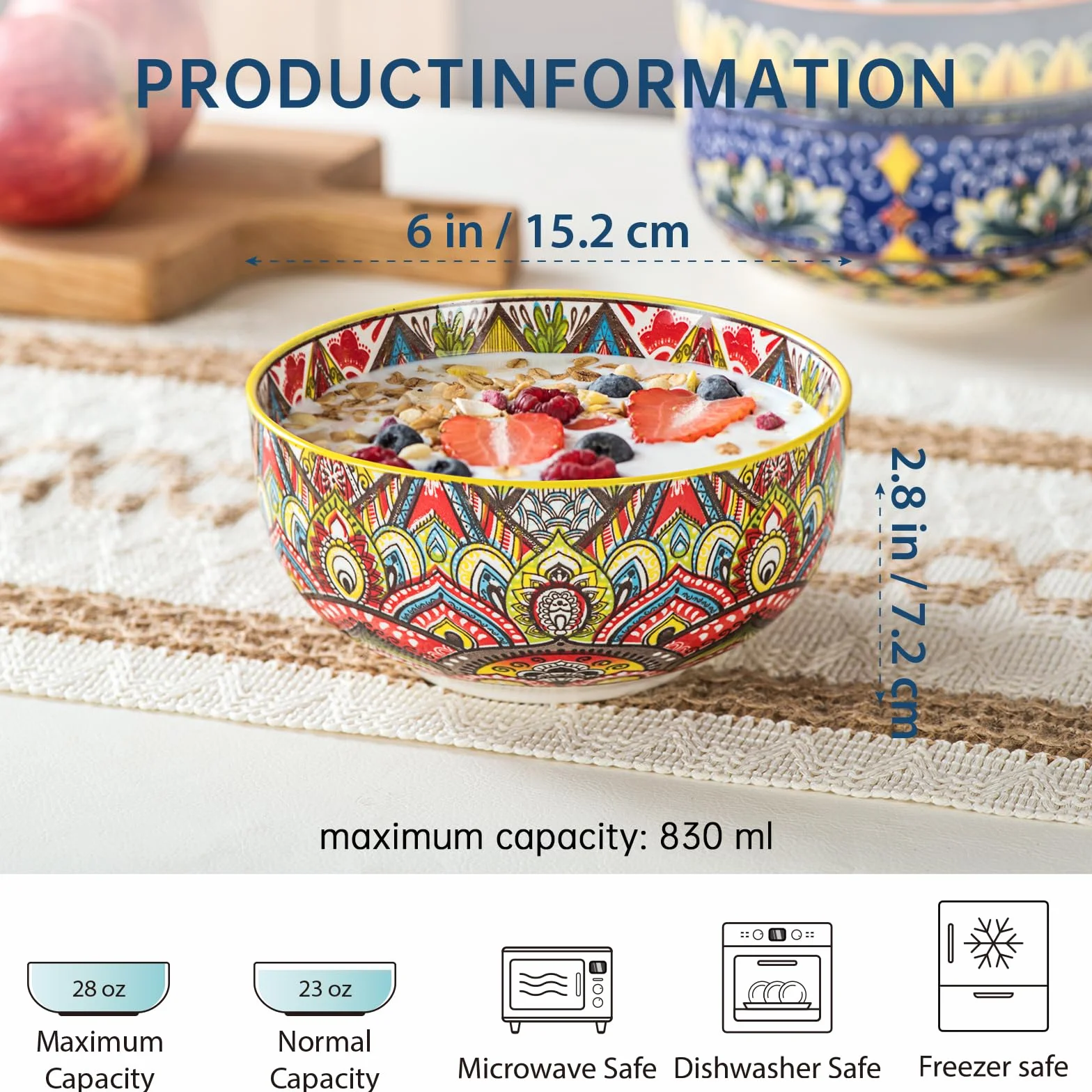 Henten Home Cuencos de Porcelana, 830ml Platos para Ensalada, Juego de Ensaladera Grande, Tazón de Frutas, Apto para Lavavajillas e Microondas, Estilo bohemio