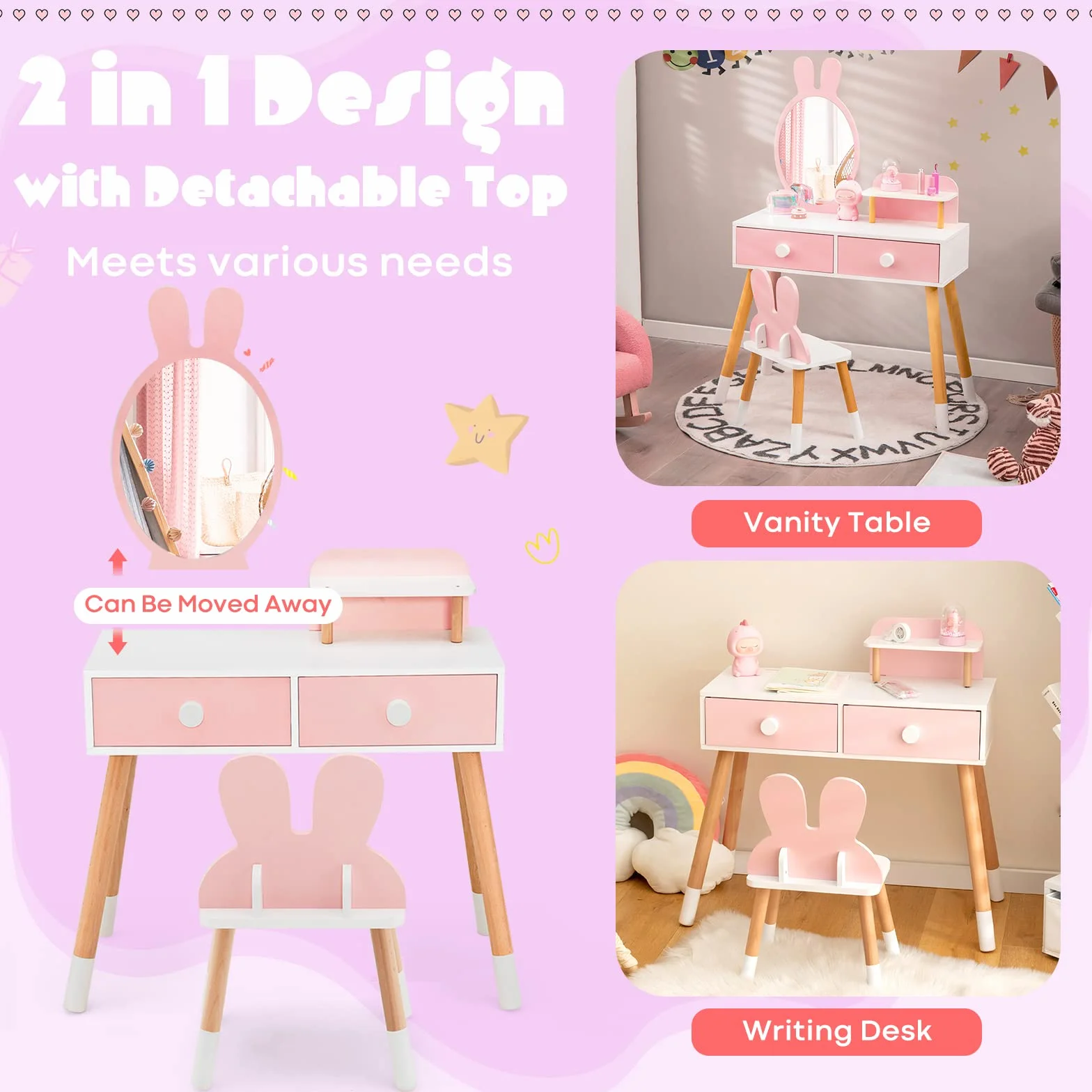LIFEZEAL Tocador Infantil para niñas 3+, Juego de tocador con Taburete, Mesa de Maquillaje con Espejo en Forma de Conejo, Mesa Escritorio de Madera con 2 cajones y Estante（Rosa）