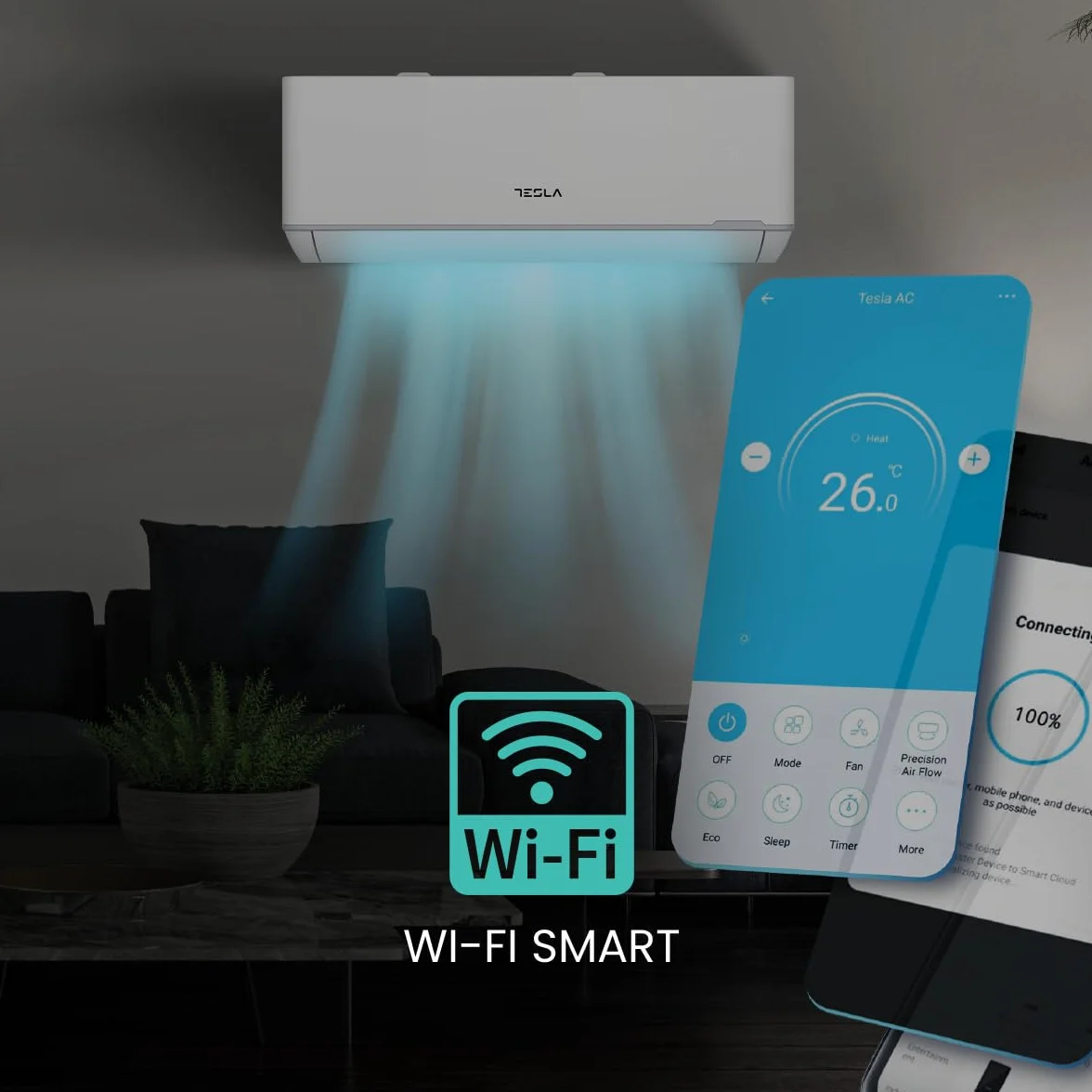 Tesla Aire Acondicionado Inverter Split 3.000 Frigorías [Hasta 30m2] (12.000 BTU) - Wi-Fi, Turbo, Autolimpieza, A+++ Calor, Clase A++ Frío, Gas R32 (Blanco)