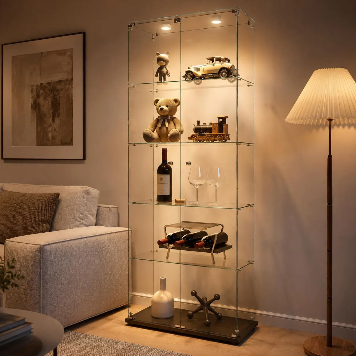 Armario De Exhibición De Vidrio Con 5 Estantes Y 2 Puertas, Vitrina De Pie Con Luces LED, Adecuado Para Sala De Estar, Dormitorio Y Oficinas