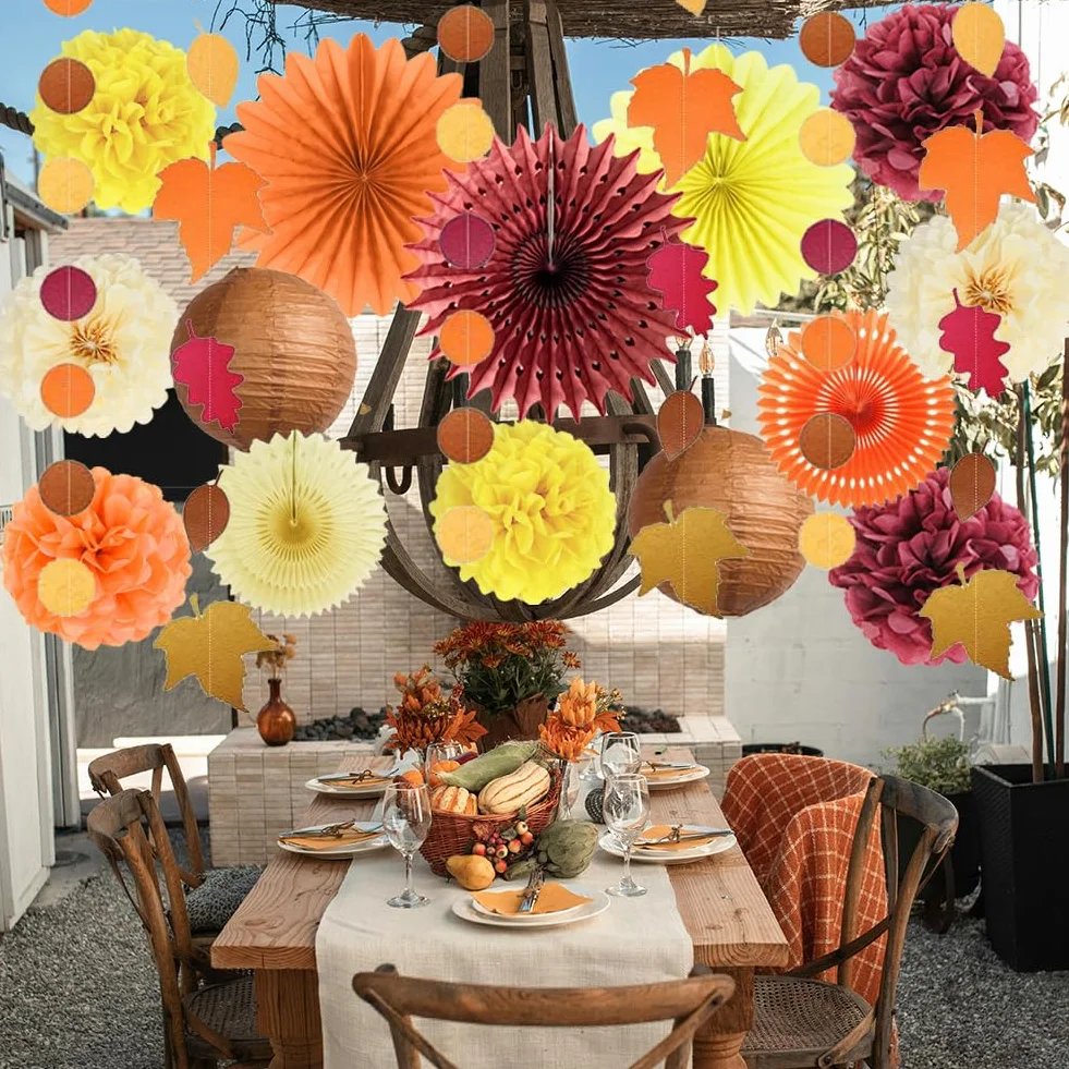 Decoraciones de Fiesta de Otoño: Abanicos de Papel Naranja y Burdeos, Pompones Amarillos, Faroles, Guirnalda de Hojas de Arce, Lunares Circulares para Cosecha, Cumpleaños