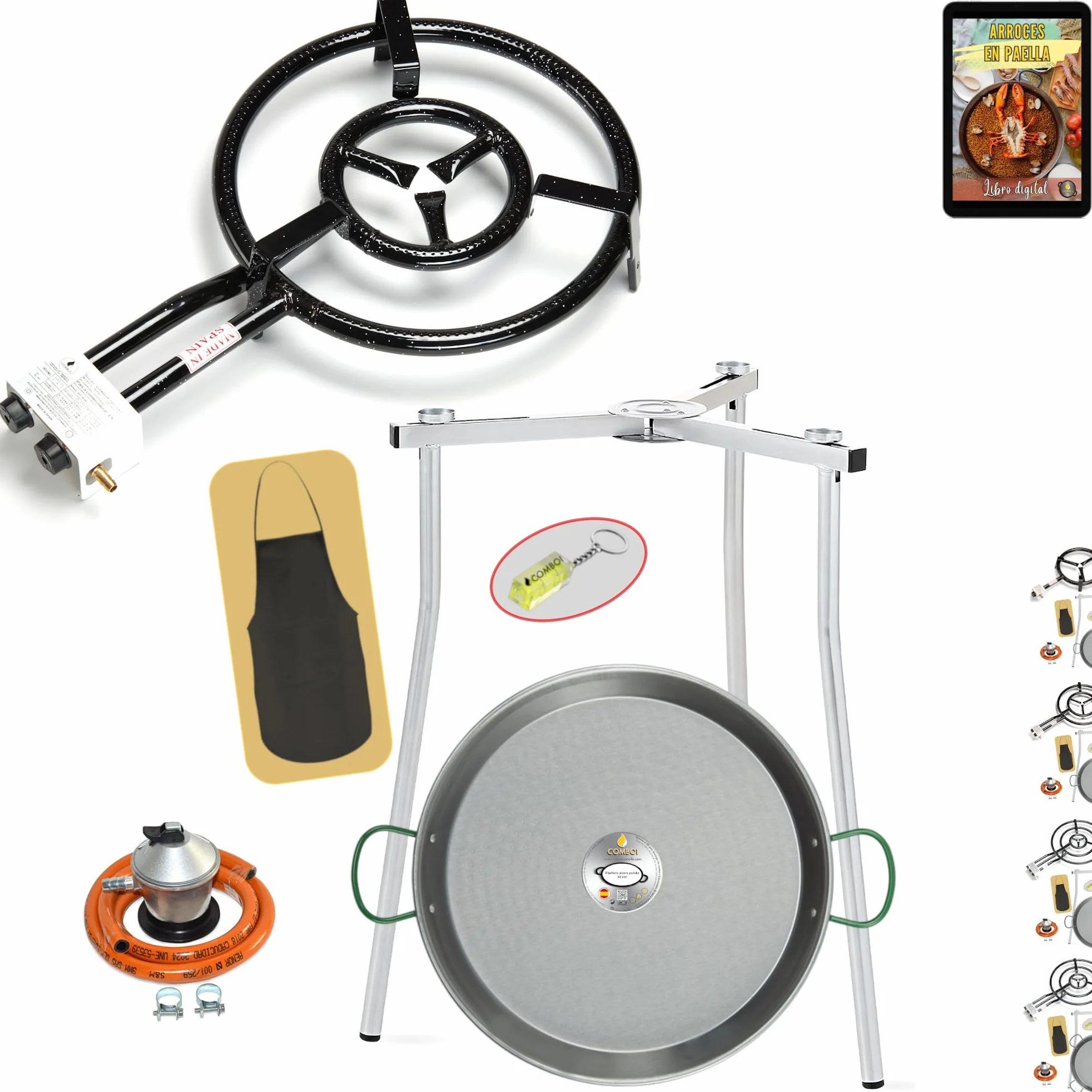 COMBOI Paellero Gas Butano 40 CM, Paellera 46 CM, Kit Quemador, Regulador de gas, Manguera, Patas Trípode, Nivel, delantal, Libro de Recetas digital (KIT 400 + Patas Trípode)