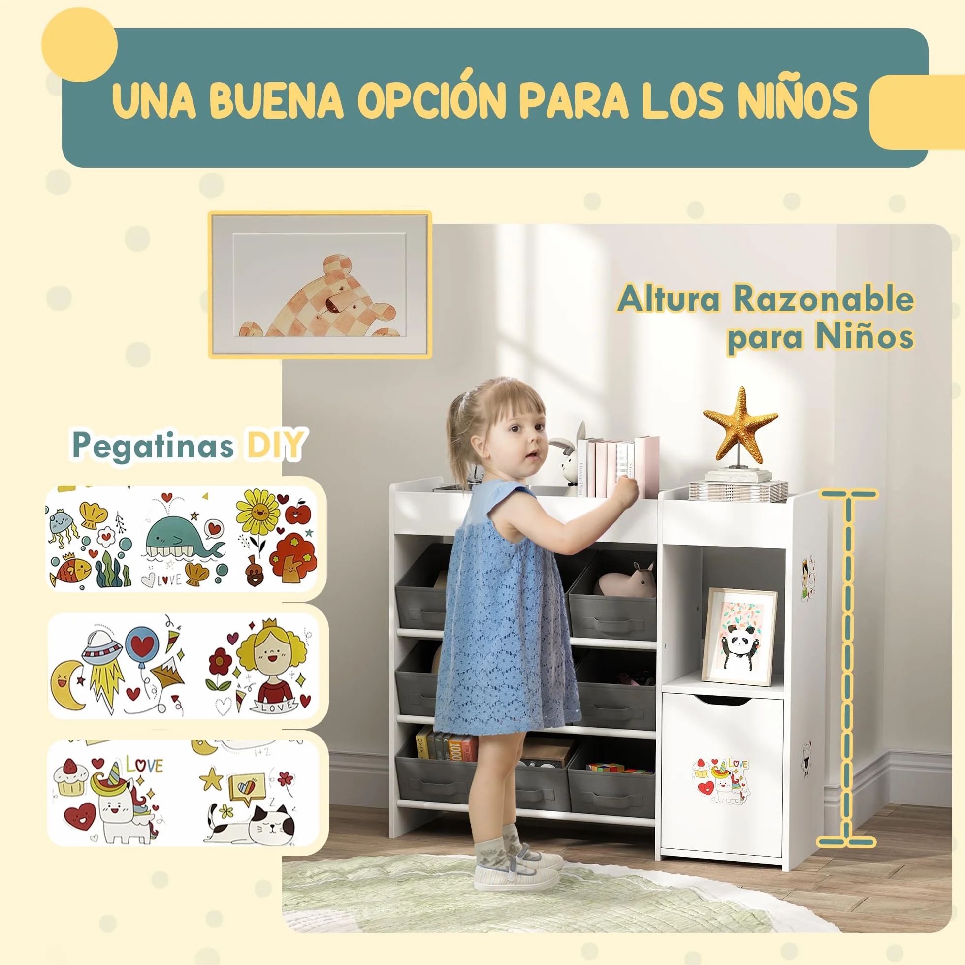AIYAPLAY Estantería para Juguetes para Niños Organizador Infantil Montessori con 9 Cestas Extraíbles Compartimentos y Láminas de Pegatinas para Guardería Sala de Juegos 92x30x80 cm Blanco