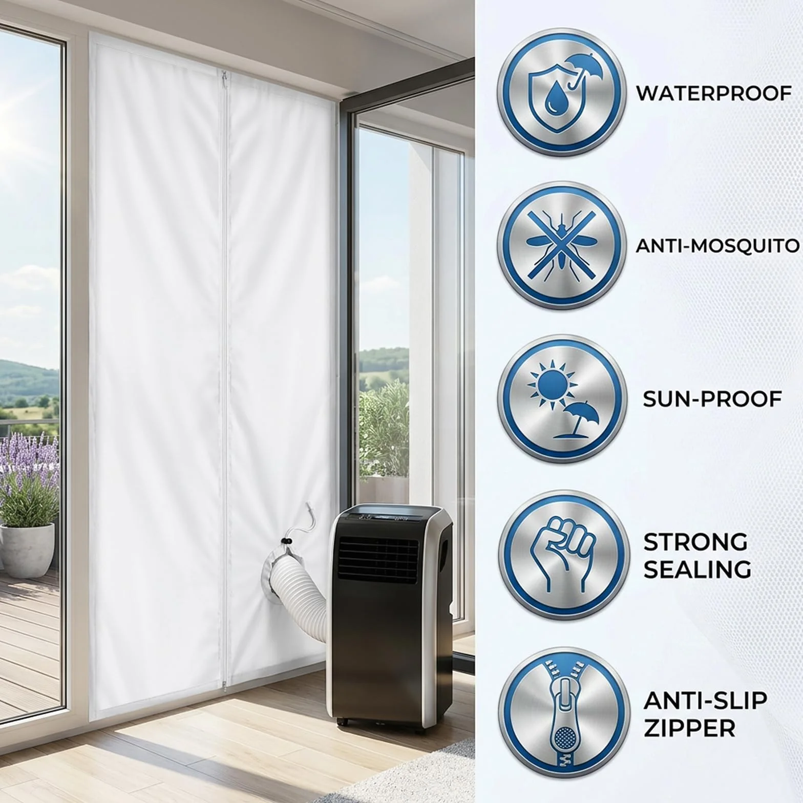 Ninonly Kit Puerta Corredera Aire Acondicionado Portatil con Cremallera 7m Velcro Fácil Instalación,Bloquea el Aire Caliente para Aires Acondicionados Portatil para Puertas (100x210cm)