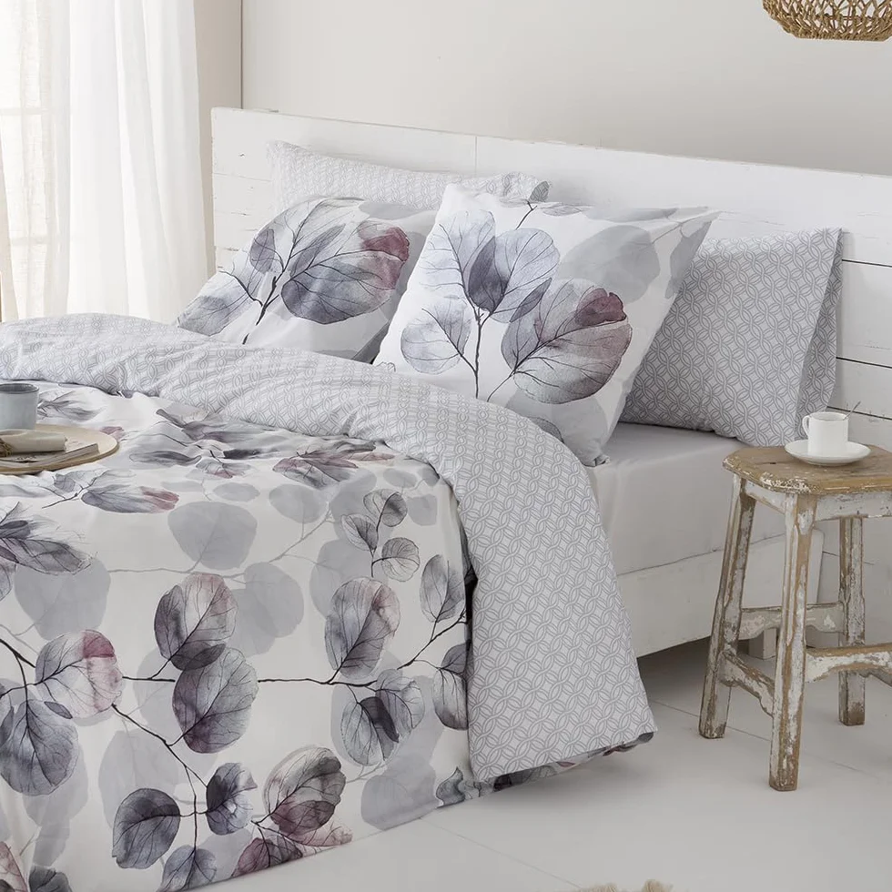 COTTON ARTean Funda Nórdica Cama 135 satén algodón 200 Hilos Lorna Gris | Incluye 2 piezas: F. Edredón 220x220 + 1 F.de Almohada Cierre Botones. Certificado OEKO-TEX