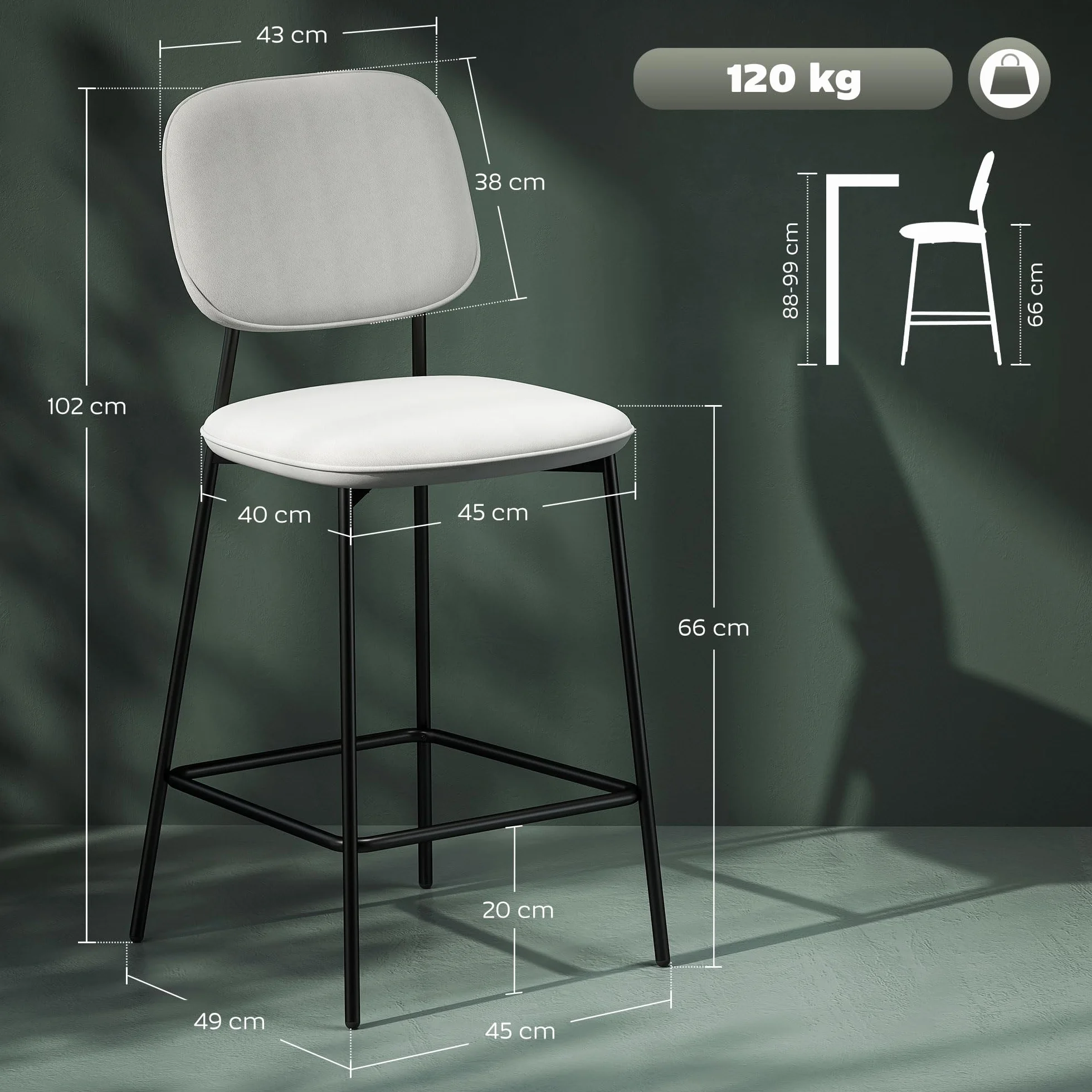 HOMCOM Juego de 2 Taburetes de Bar con Respaldo y Reposapiés Gris Claro | Taburetes Altos de Cocina, Tapizado en Terciopelo, Marco de Acero, para Comedor Mostrador