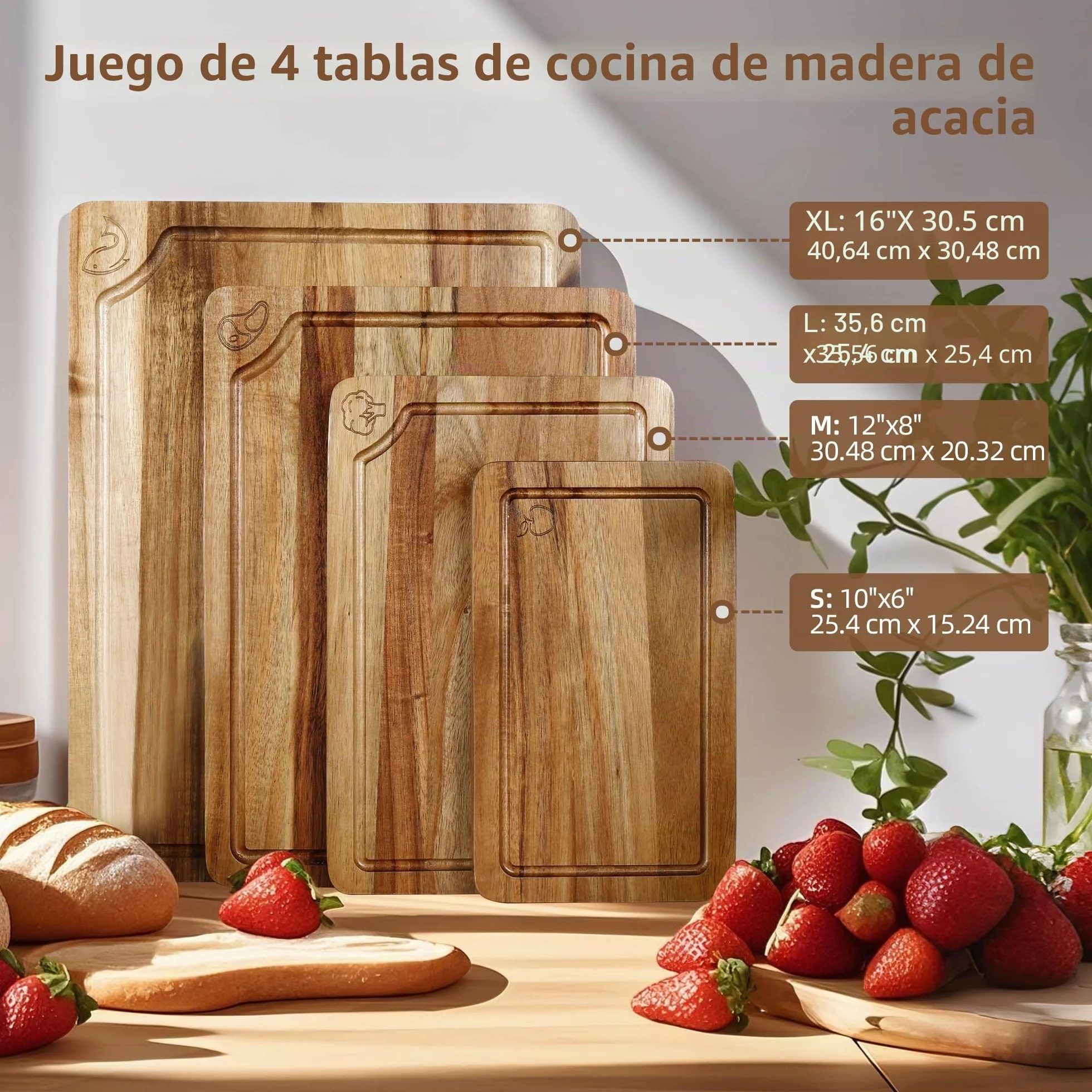 Juego de 4 Tablas de Cortar Acacia Madera Maciza con Canal Antiderrames para Cocina