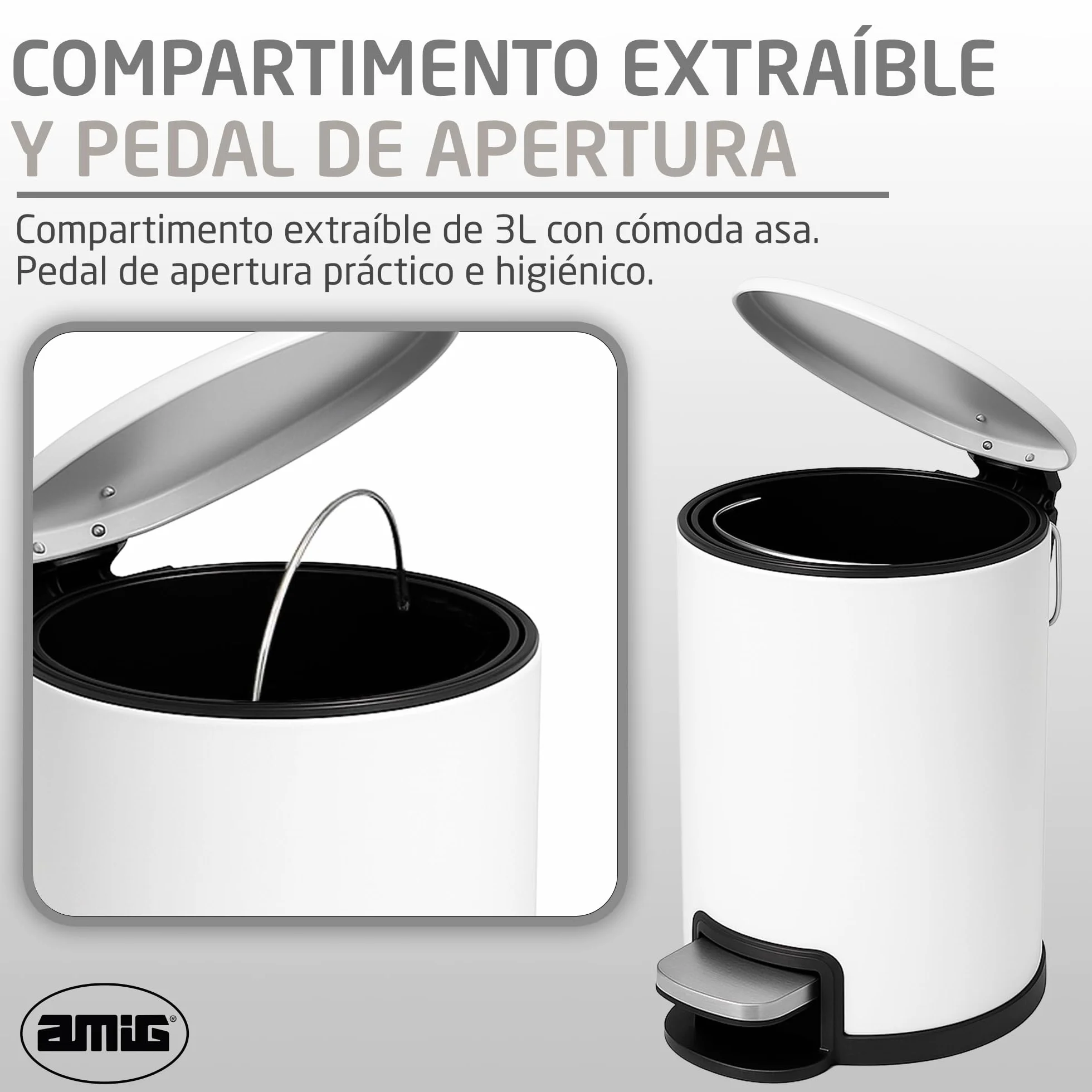 Cubo de Basura para Baño con Pedal 3 Litros Blanco Acero Inoxidable Lacado Ø16,8 x 25,5 cm