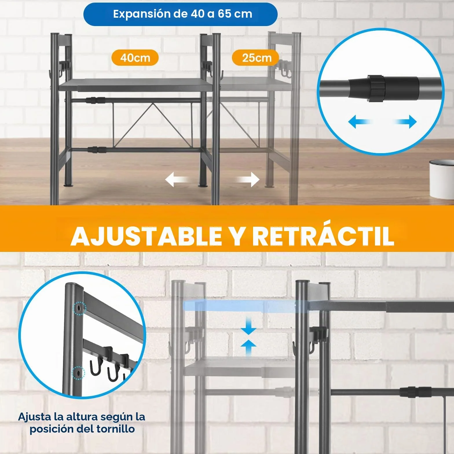 Estantería Extensible para microondas, estantería de Cocina, de pie, para microondas, de pie, Organizador de Cocina, con 6 Ganchos, Organizador para encimeras de Cocina (Gris, un-Nivel)