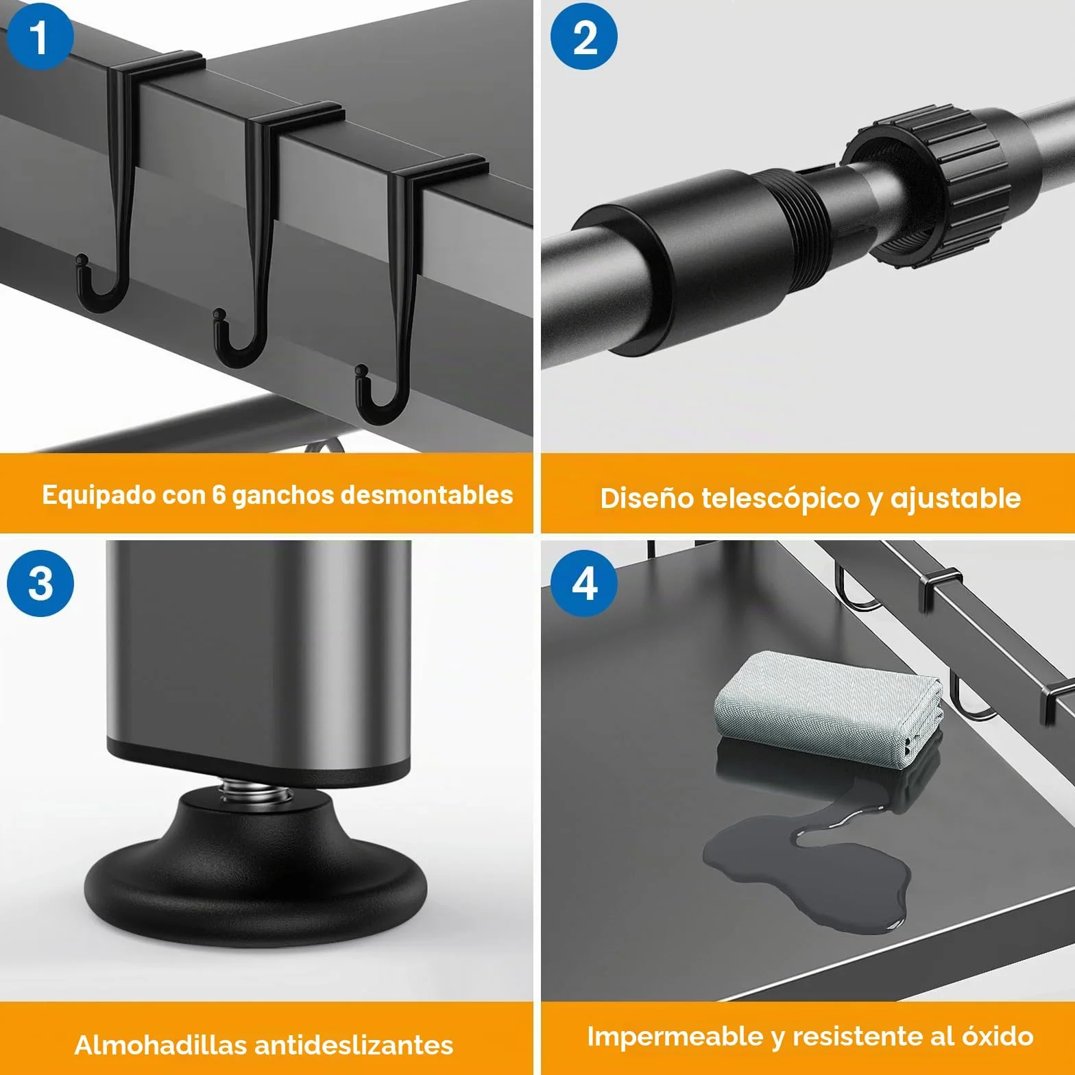 Estantería Extensible para microondas, estantería de Cocina, de pie, para microondas, de pie, Organizador de Cocina, con 6 Ganchos, Organizador para encimeras de Cocina (Gris, un-Nivel)