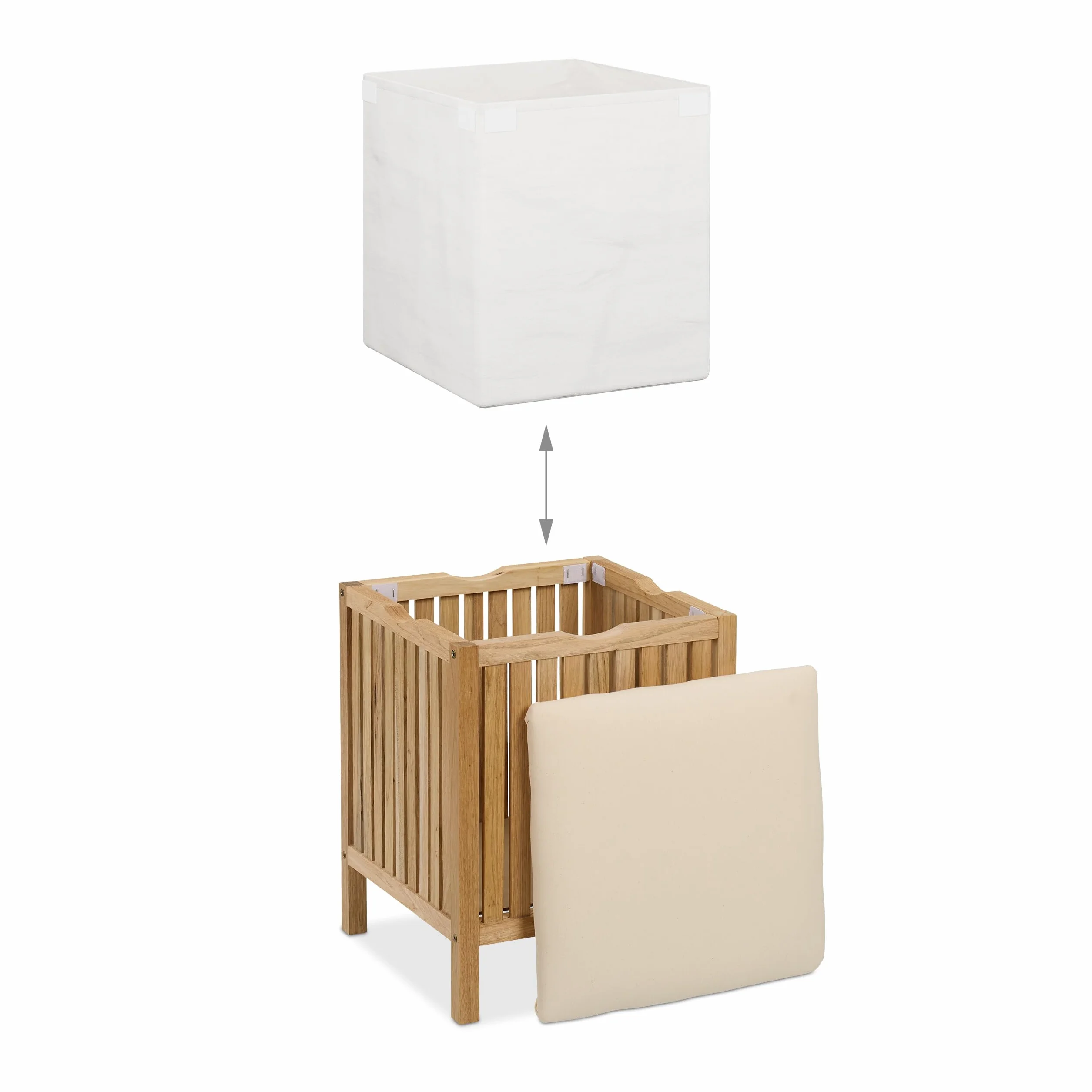 Relaxdays Cesto Ropa Sucia con Asiento, Tabuerete Almacenaje Colada, 30 L, 51 x 38 x 38 cm, Madera, Tela, Natural/Blanco