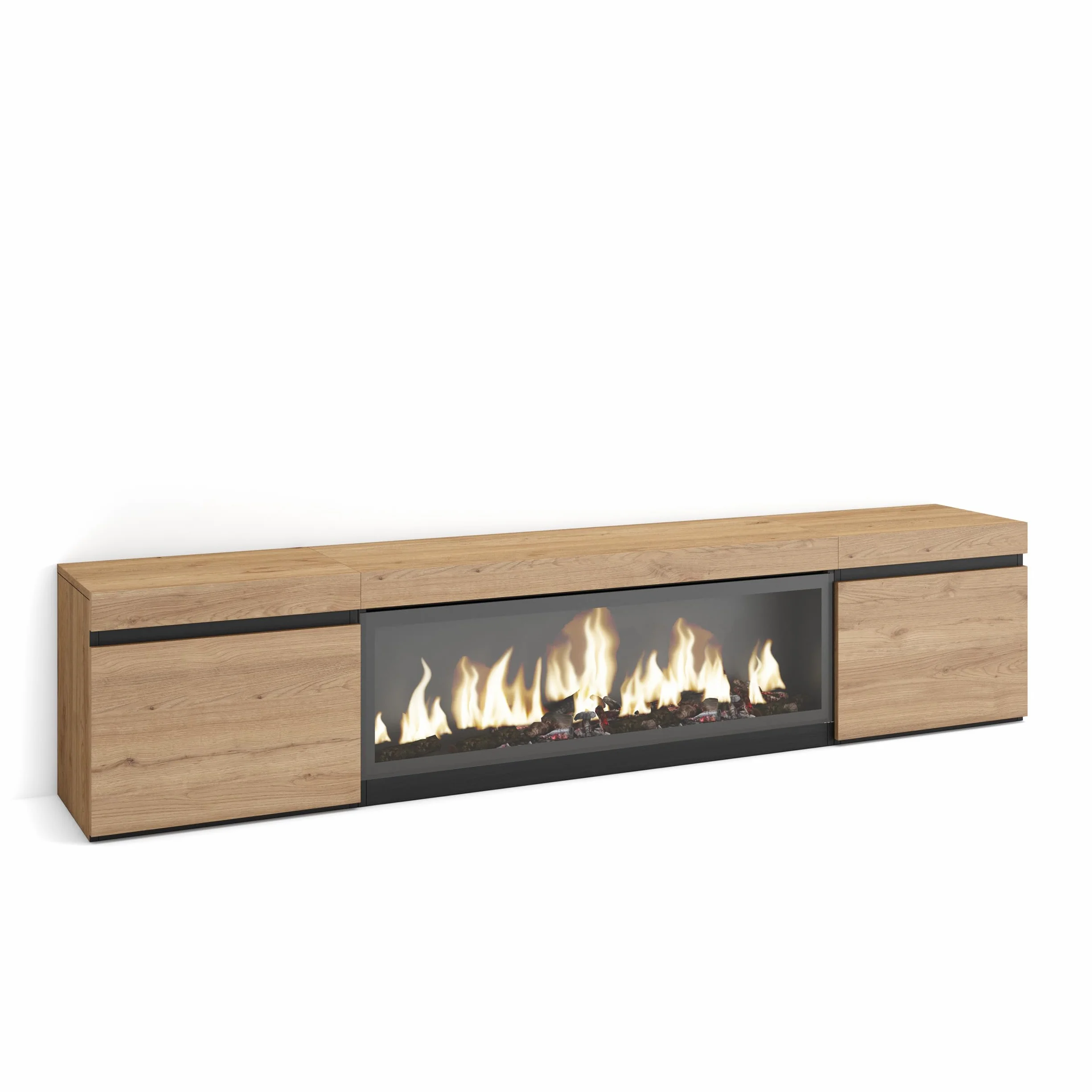 Skraut Home | Mueble TV | Televisión | Muebles de salón, almacenaje | 210 | para TV hasta 80" | Chimenea eléctrica XXL | Estilo Moderno | Roble