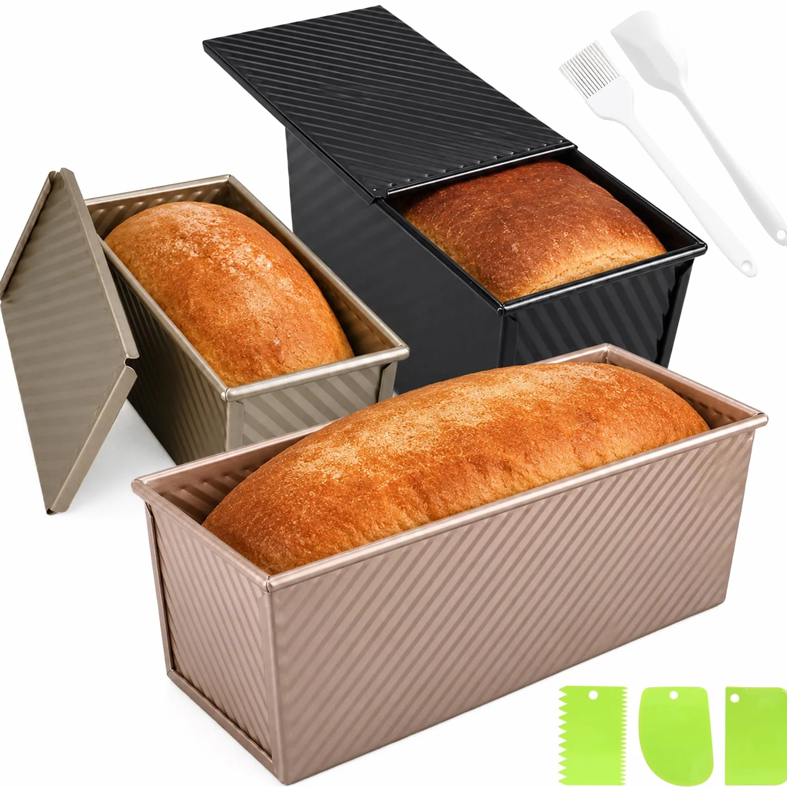MSYU Paquete de 3 moldes para pan Pullman con tapas, 2.2 libras (1000 g) y 1 libra (450 g) y 0.8 libras (360 g) de capacidad de masa, molde antiadherente para pan casero